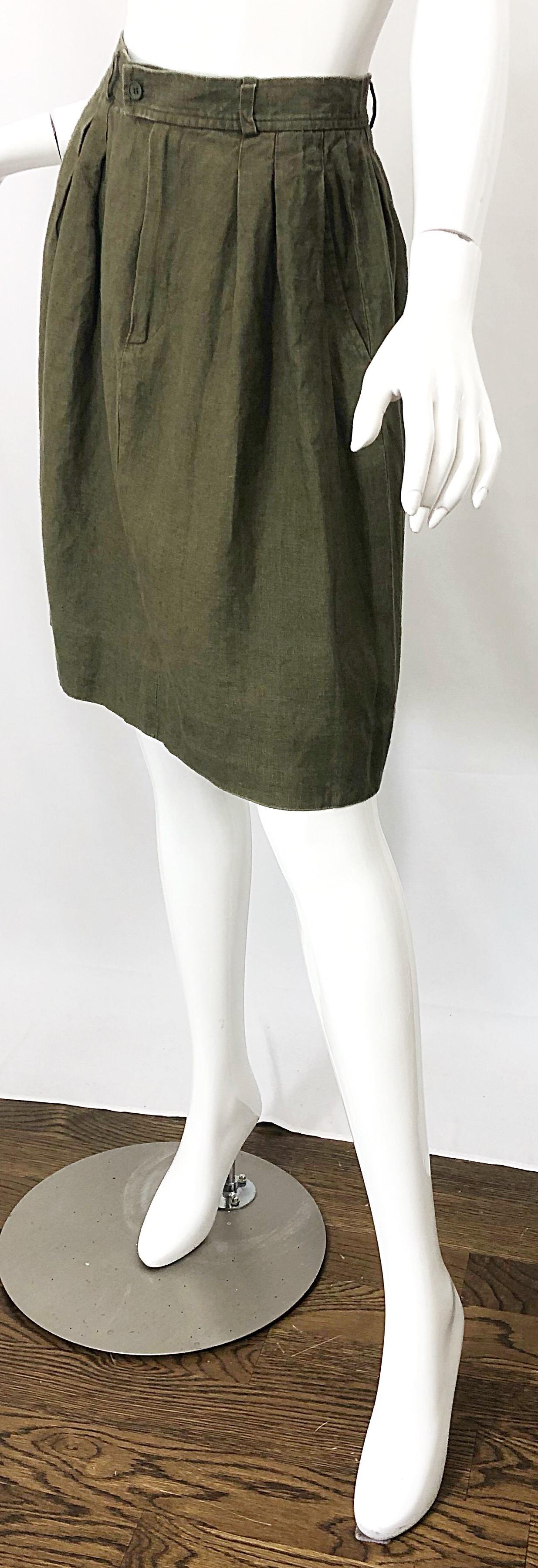 1990s Yves Saint Laurent YSL Rive Gauche Army Green Vintage 90s Linen Skirt In Excellent Condition For Sale In San Diego, CA