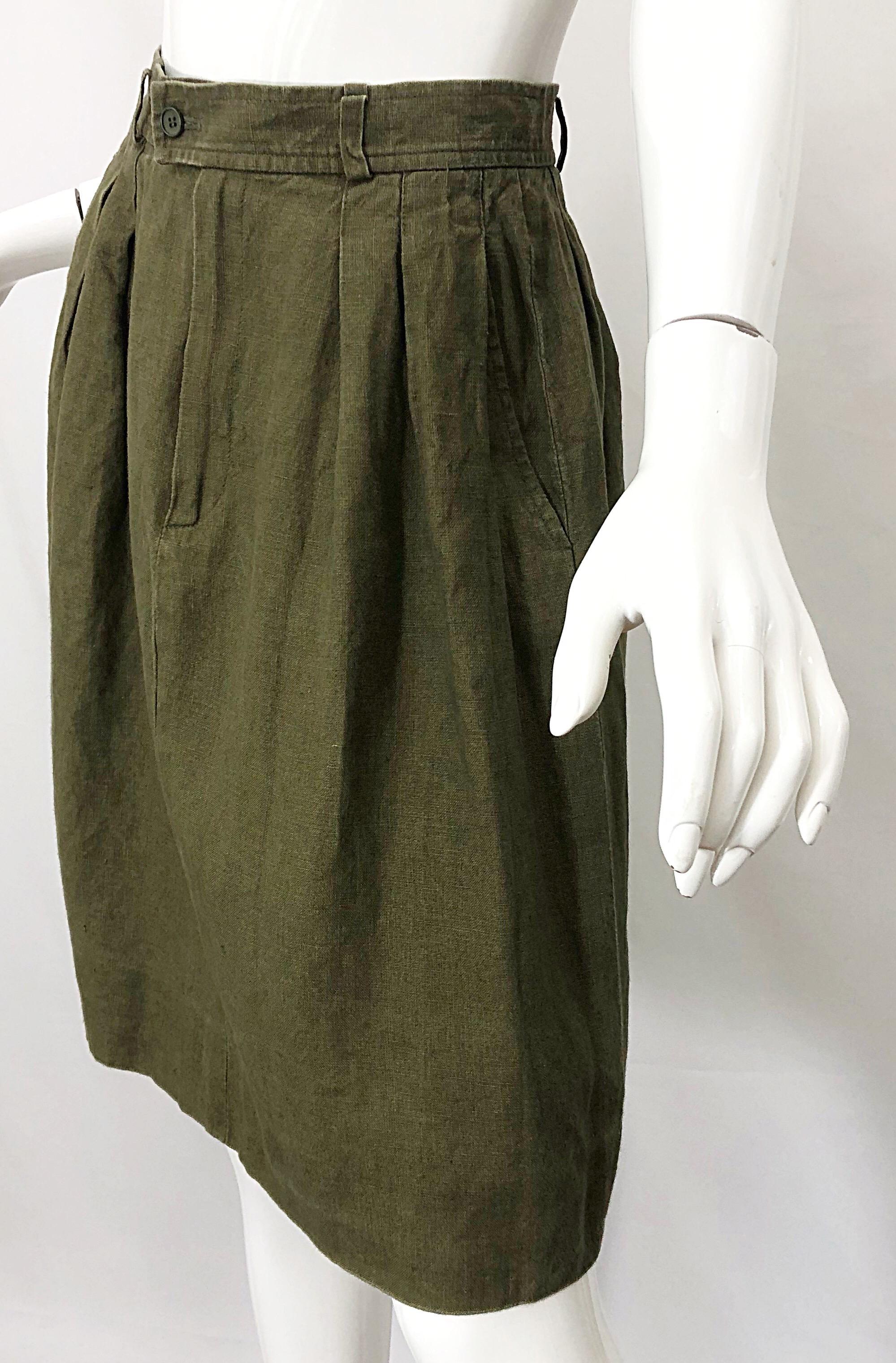 Women's 1990s Yves Saint Laurent YSL Rive Gauche Army Green Vintage 90s Linen Skirt For Sale