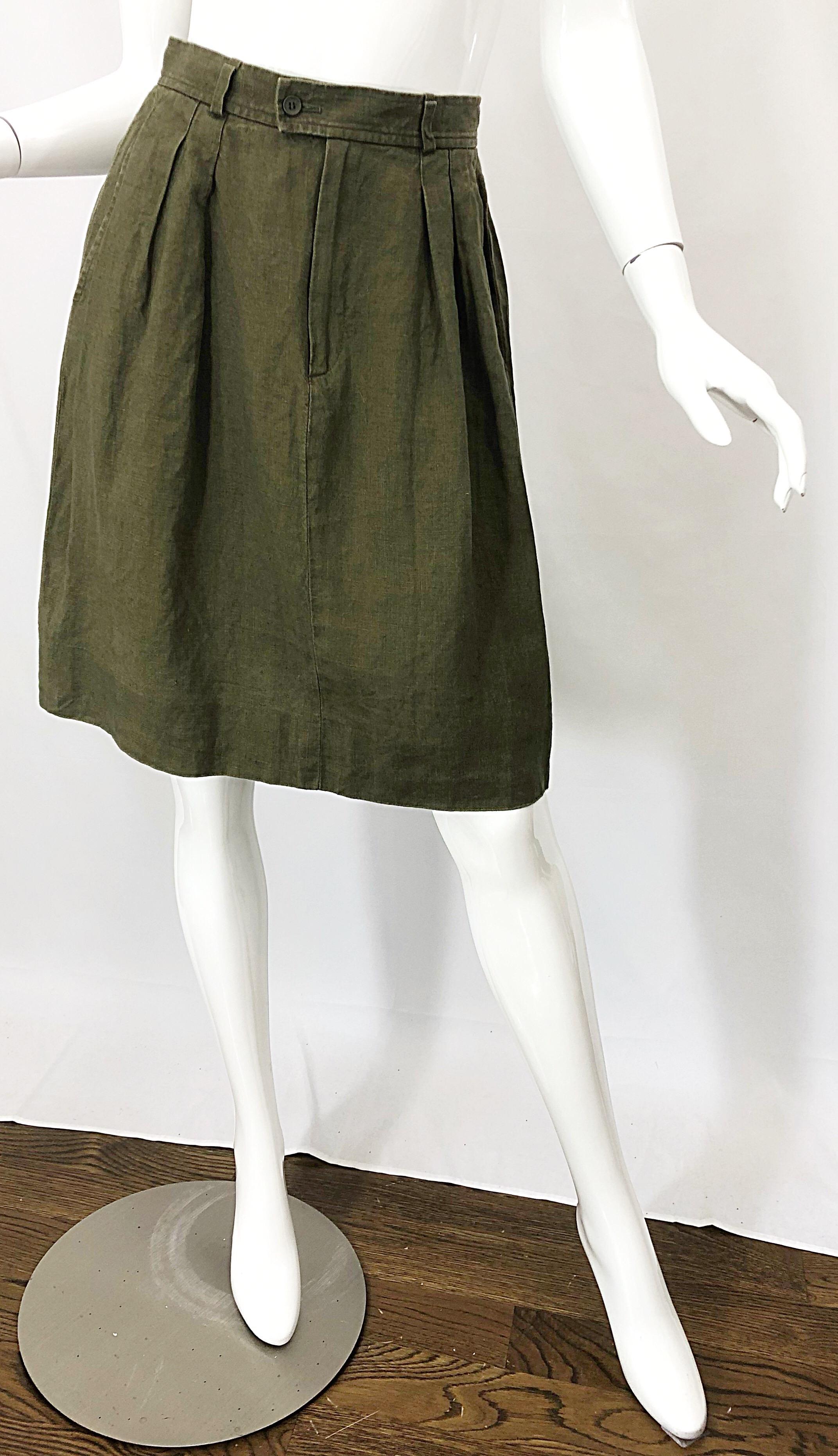 1990s Yves Saint Laurent YSL Rive Gauche Army Green Vintage 90s Linen Skirt For Sale 1