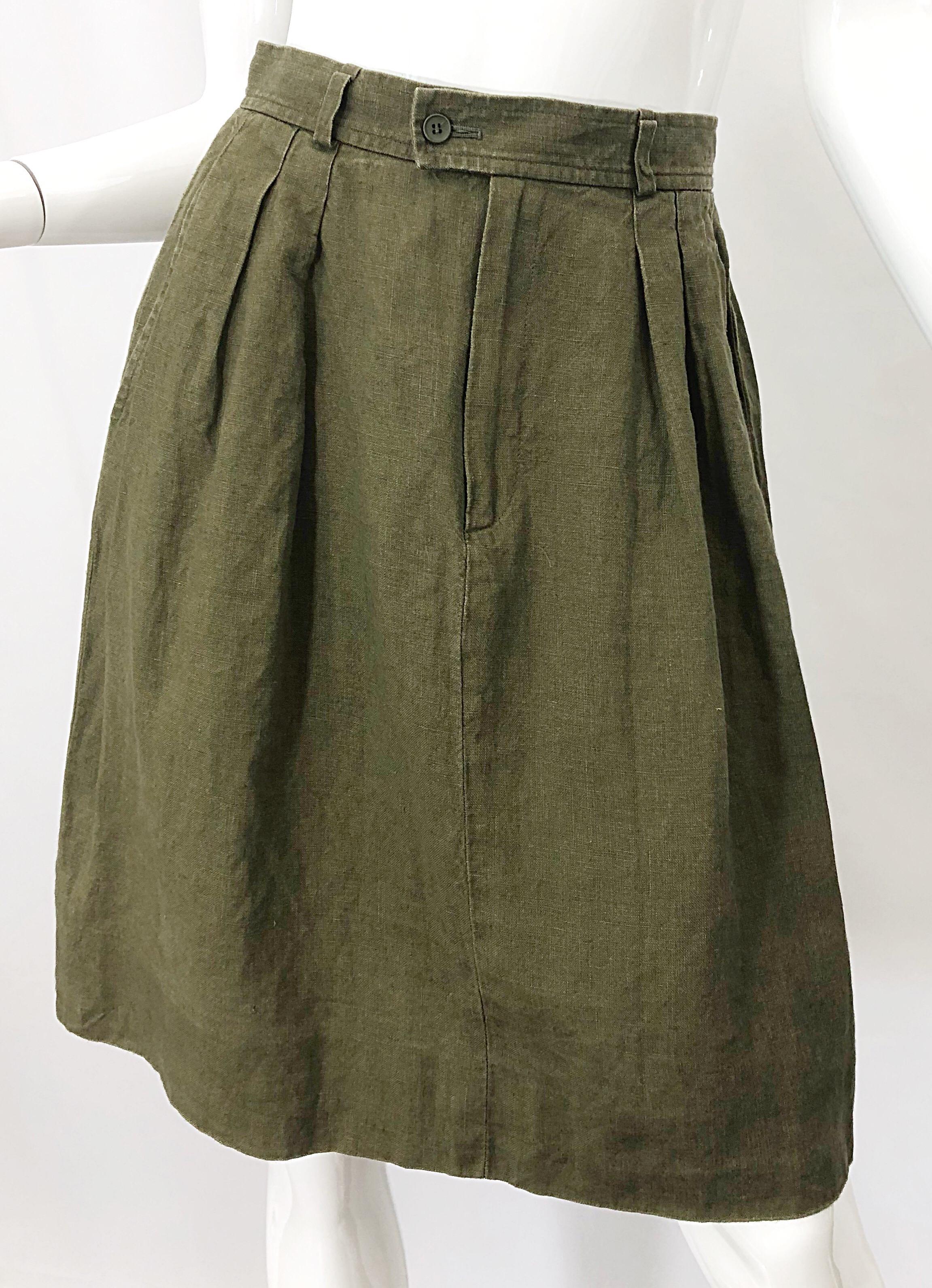 1990s Yves Saint Laurent YSL Rive Gauche Army Green Vintage 90s Linen Skirt For Sale 2