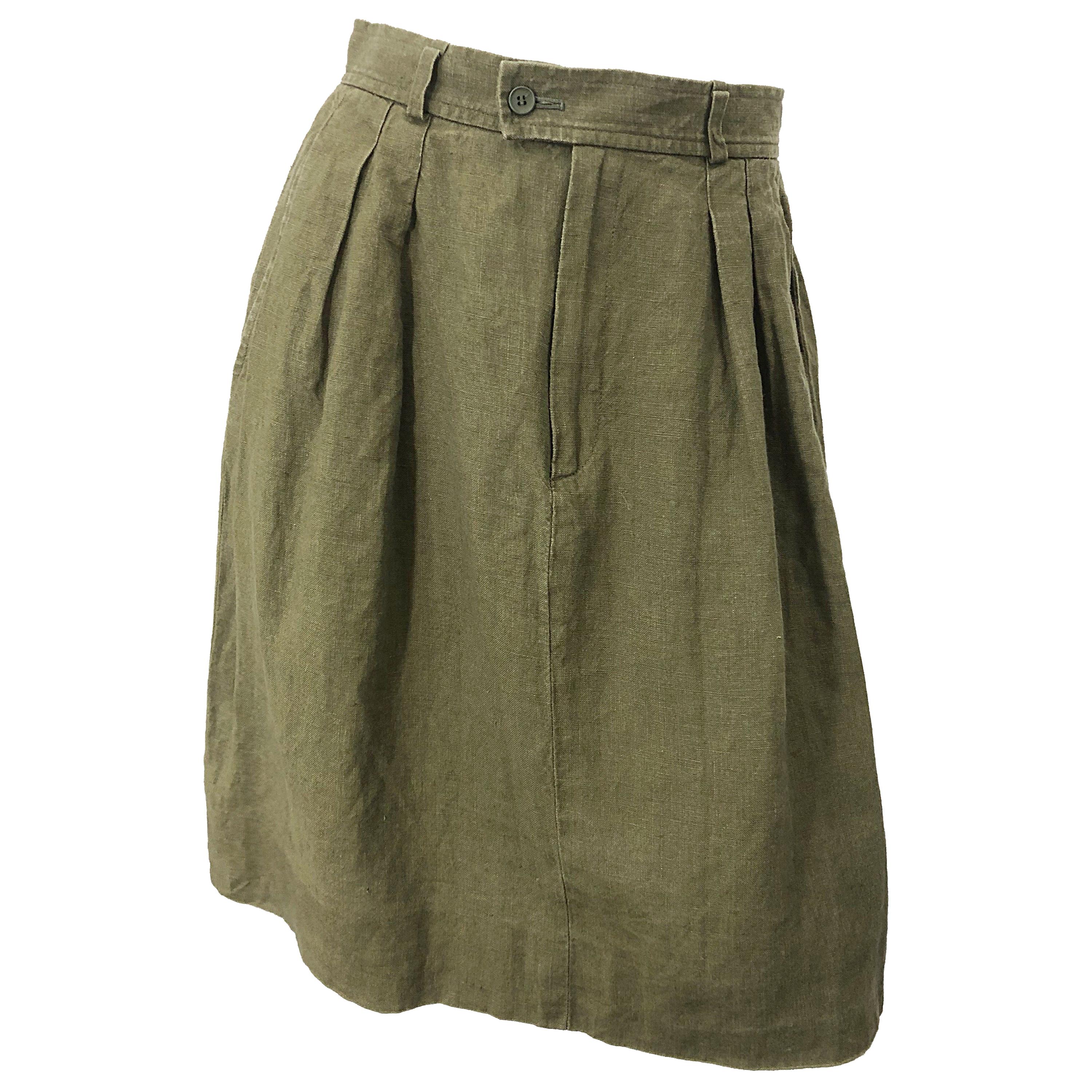 1990s Yves Saint Laurent YSL Rive Gauche Army Green Vintage 90s Linen Skirt For Sale