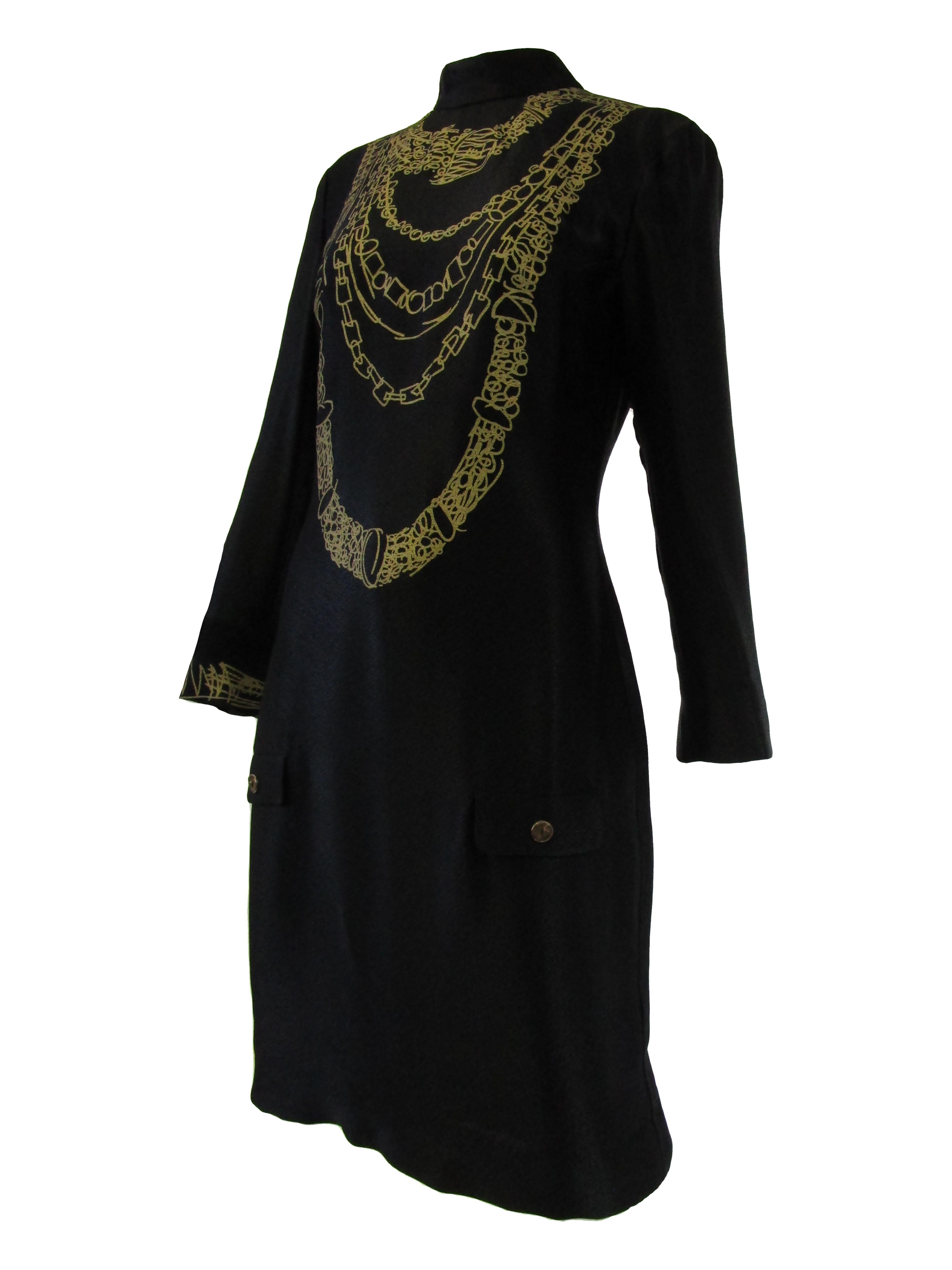  1990s Zandra Rhodes Black Silk Evening Dress With Gold Chain Print In Excellent Condition For Sale In Houston, TX