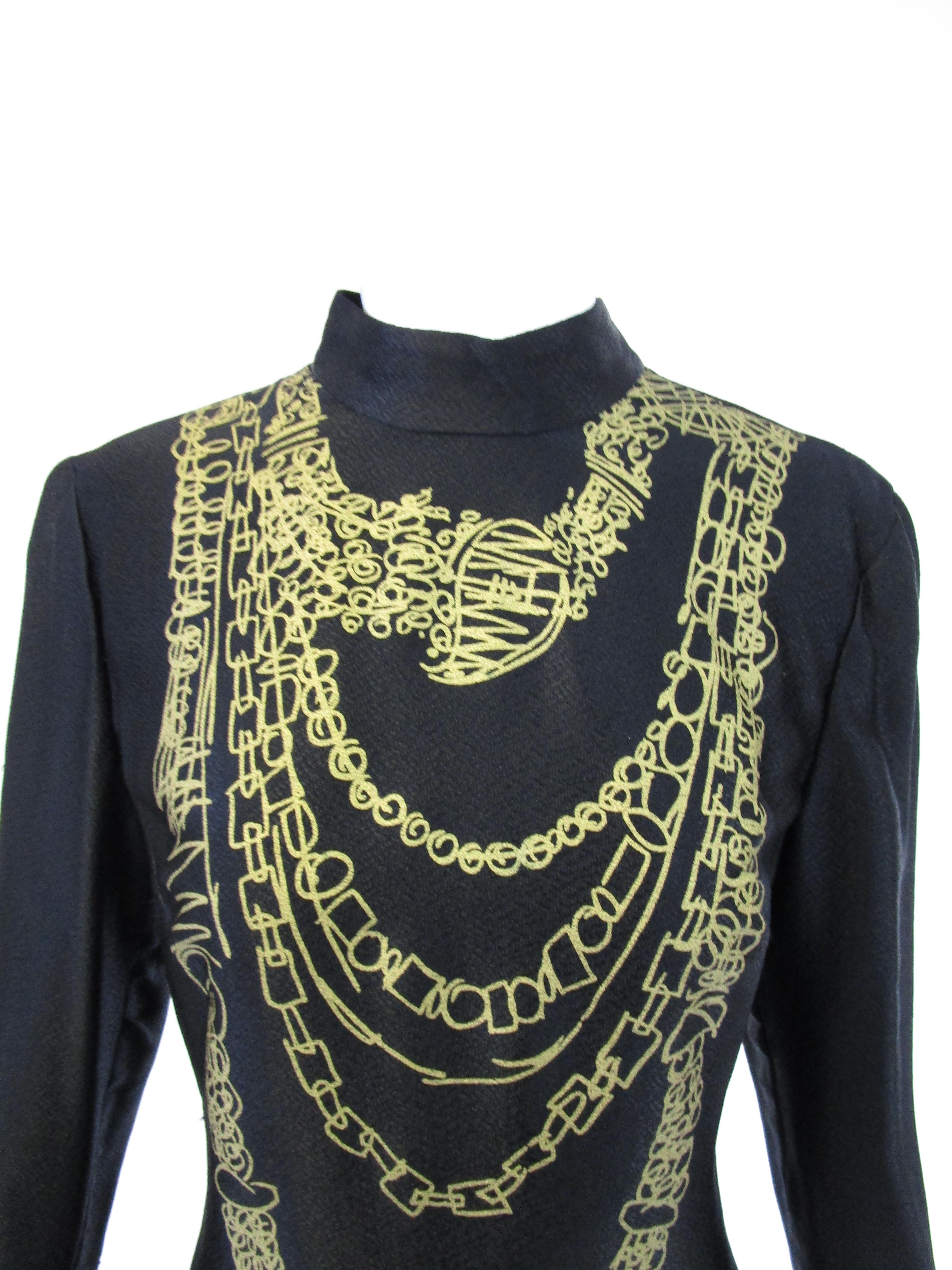  1990s Zandra Rhodes Black Silk Evening Dress With Gold Chain Print For Sale 1