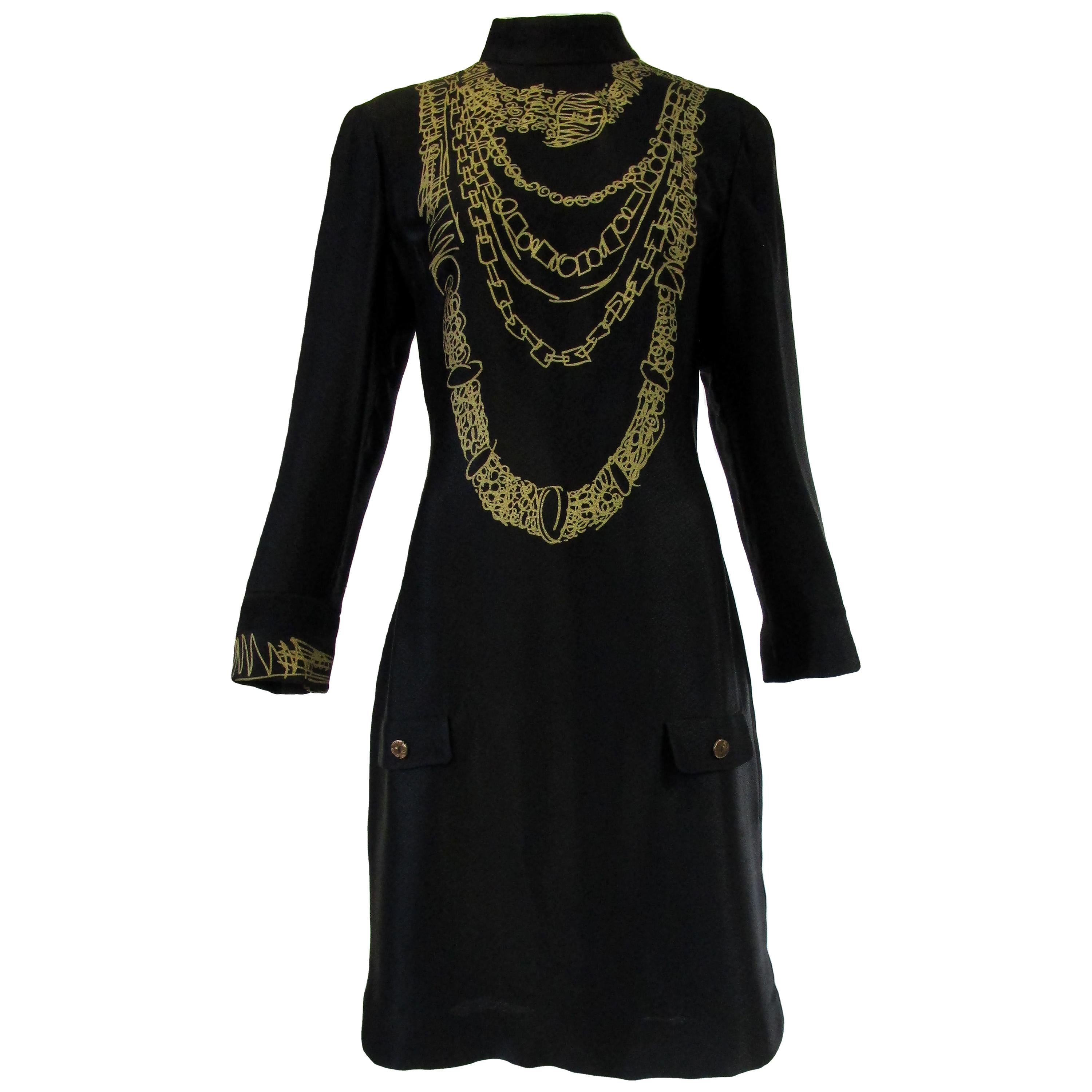  1990s Zandra Rhodes Black Silk Evening Dress With Gold Chain Print For Sale