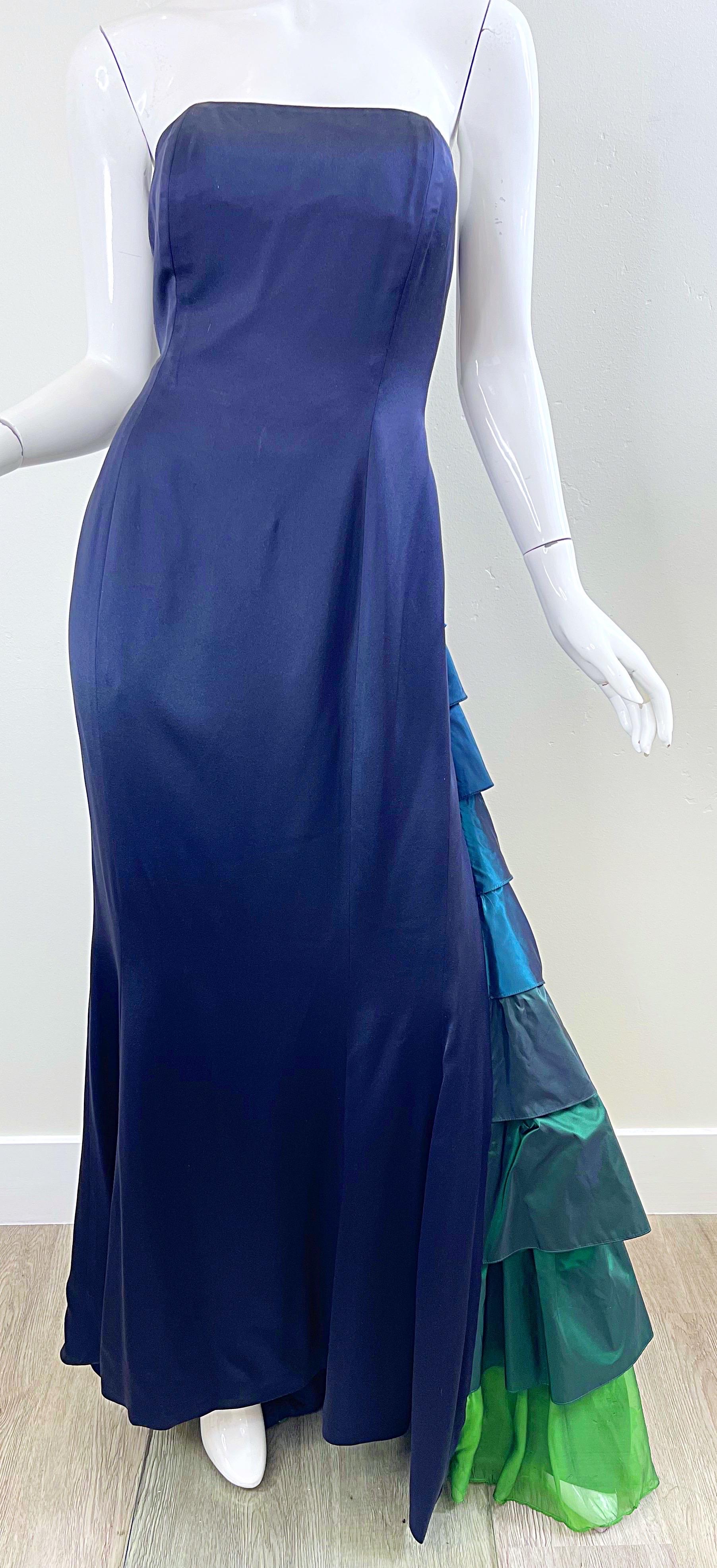 1990s Zang Toi Size 6 Navy Blue Strapless Silk Vintage 90s Flamenco Gown For Sale 7