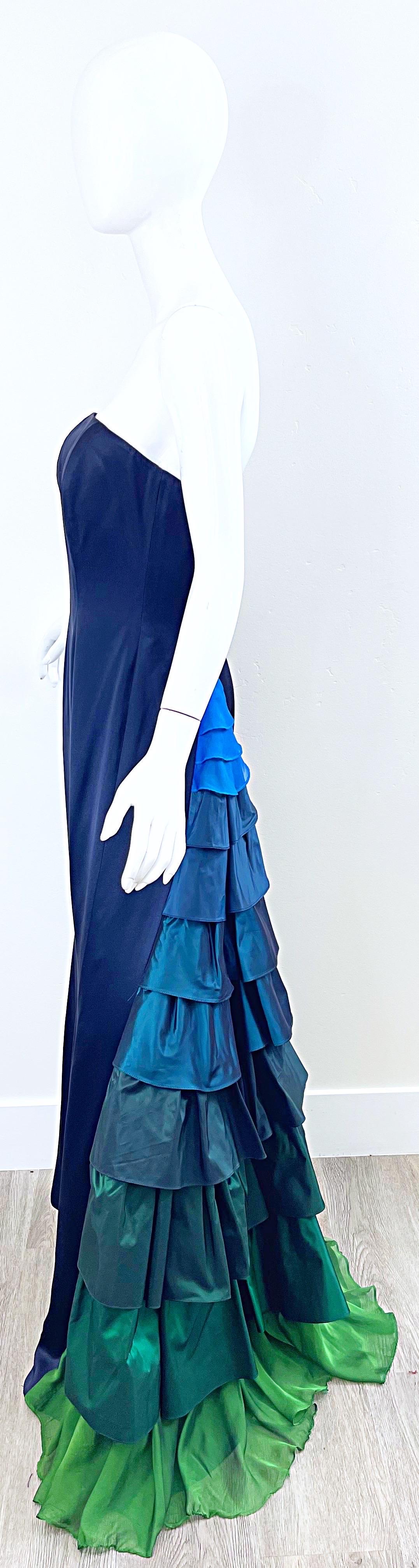 1990s Zang Toi Size 6 Navy Blue Strapless Silk Vintage 90s Flamenco Gown For Sale 9