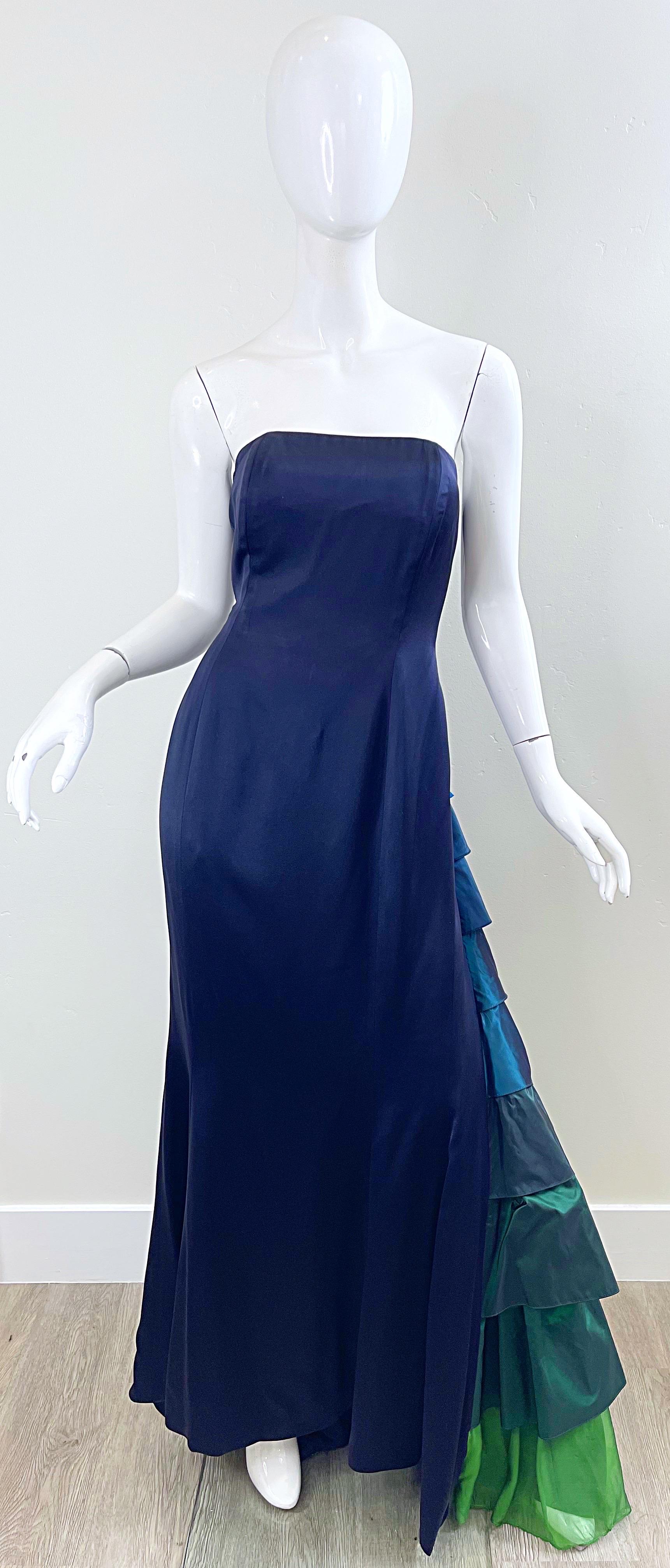 1990s Zang Toi Size 6 Navy Blue Strapless Silk Vintage 90s Flamenco Gown For Sale 10
