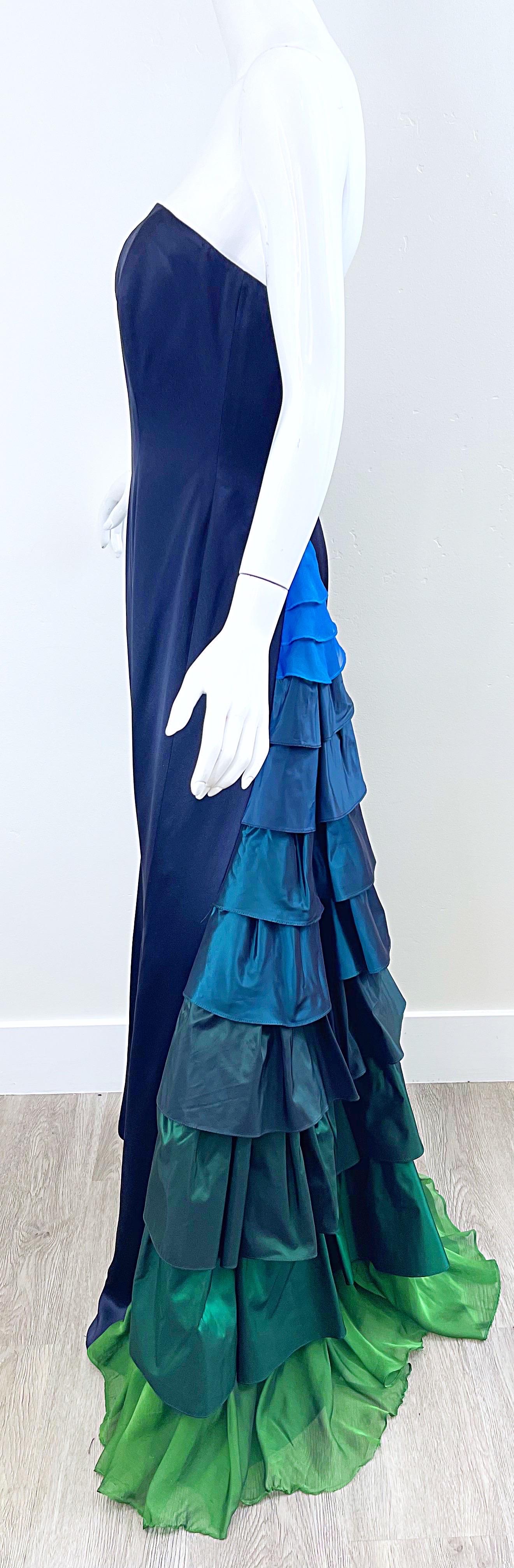 1990 Zang Toi Size 6 Navy Blue Strapless Silk Vintage 90s Flamenco Gown Excellent état - En vente à San Diego, CA