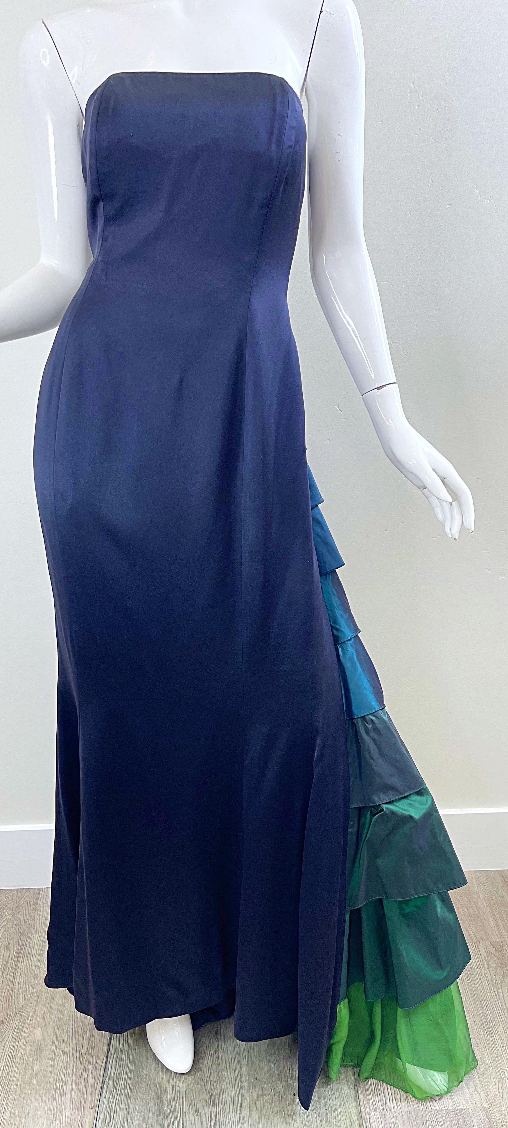 1990s Zang Toi Size 6 Navy Blue Strapless Silk Vintage 90s Flamenco Gown For Sale 2