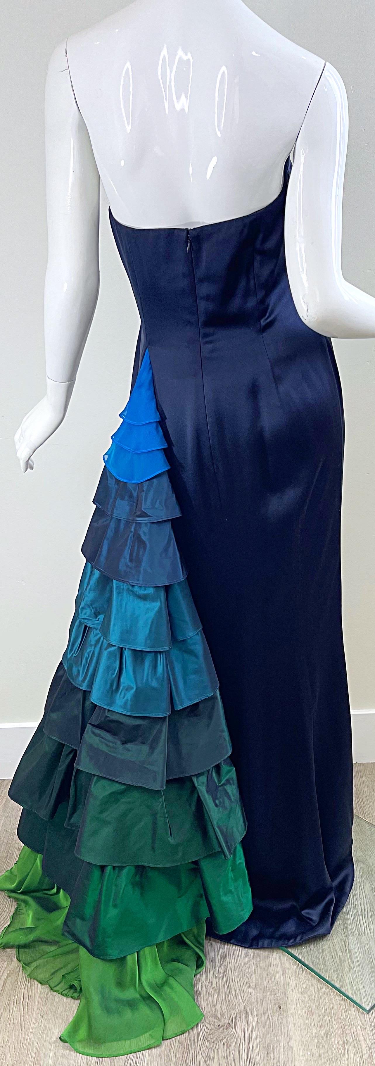 1990s Zang Toi Size 6 Navy Blue Strapless Silk Vintage 90s Flamenco Gown For Sale 4