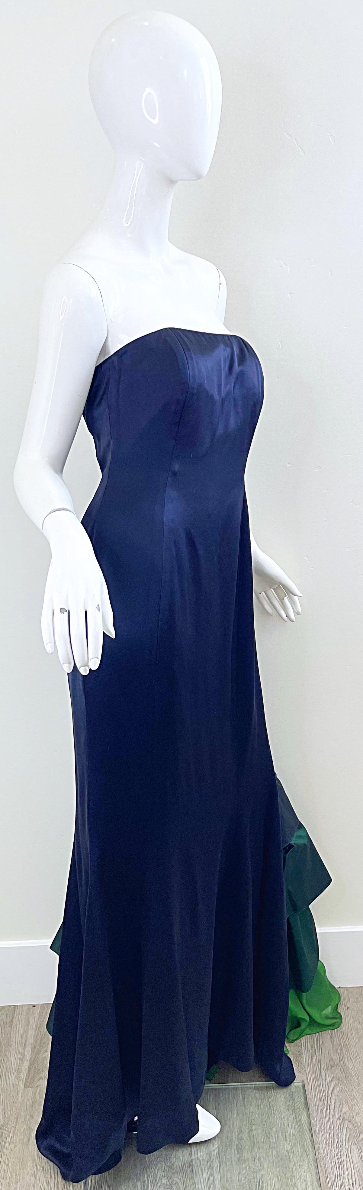1990s Zang Toi Size 6 Navy Blue Strapless Silk Vintage 90s Flamenco Gown For Sale 5