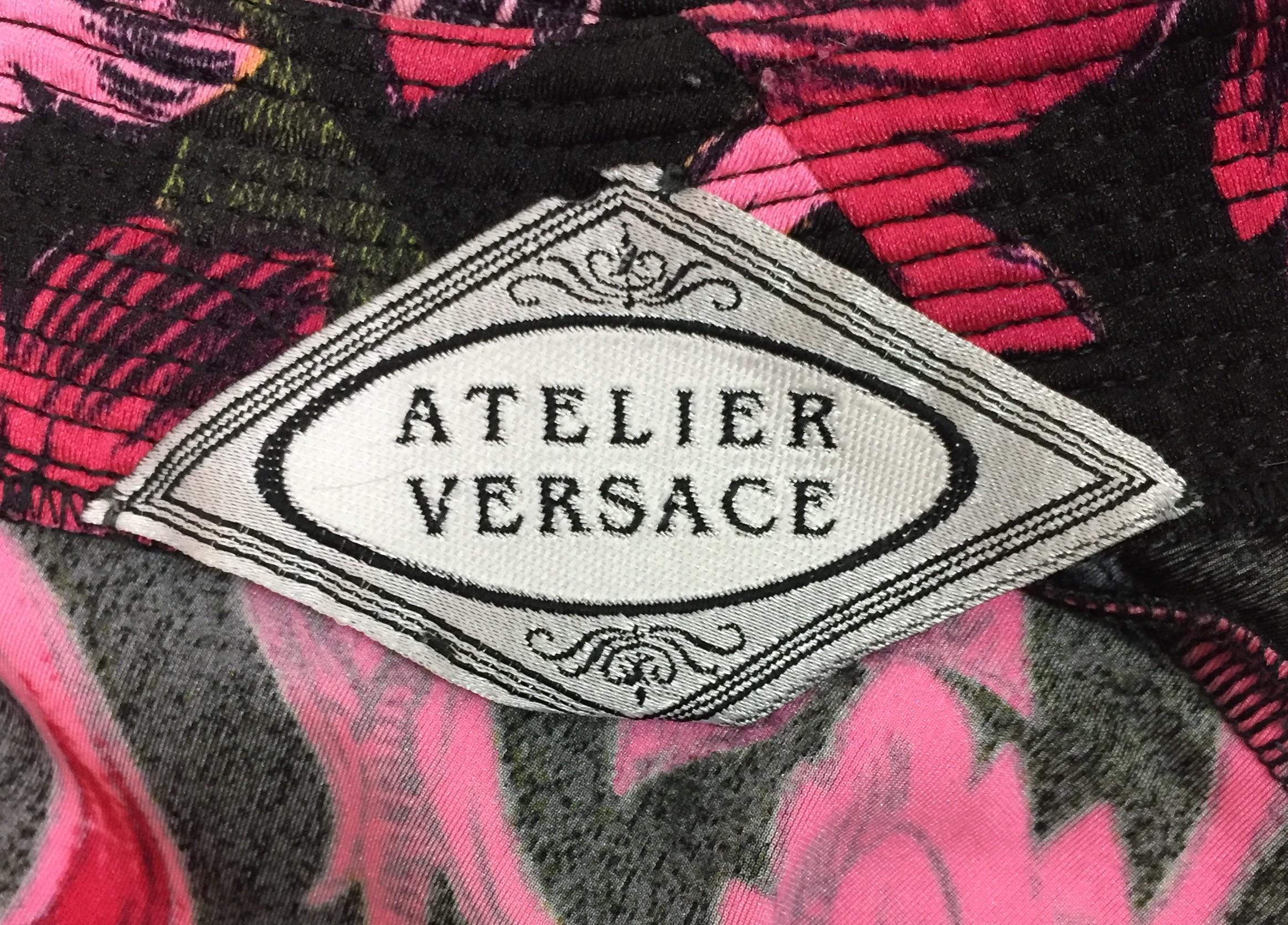 1991 Atelier Versace by Gianni Pink Black Yellow Print Bow Bodysuit Top In Excellent Condition In Yukon, OK