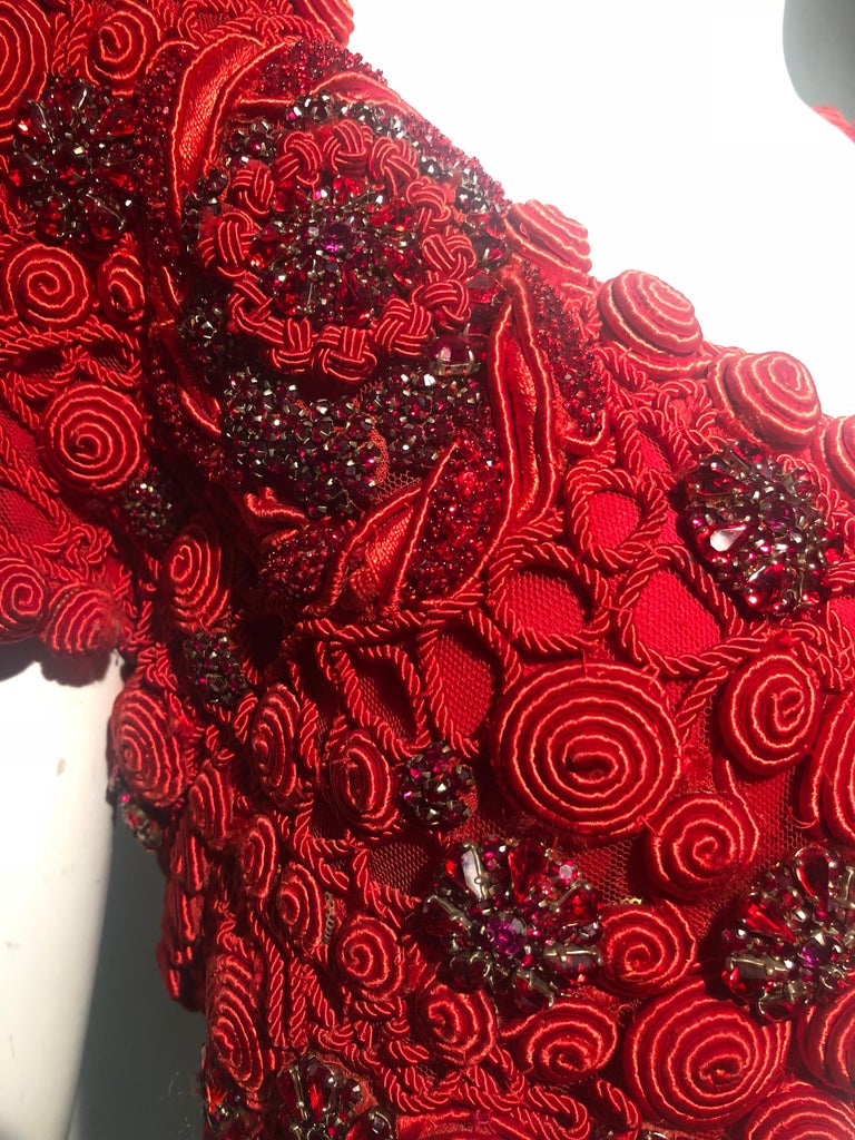 1991 Atelier Versace Ruby Red Crystal and Embroidery Embellished ...