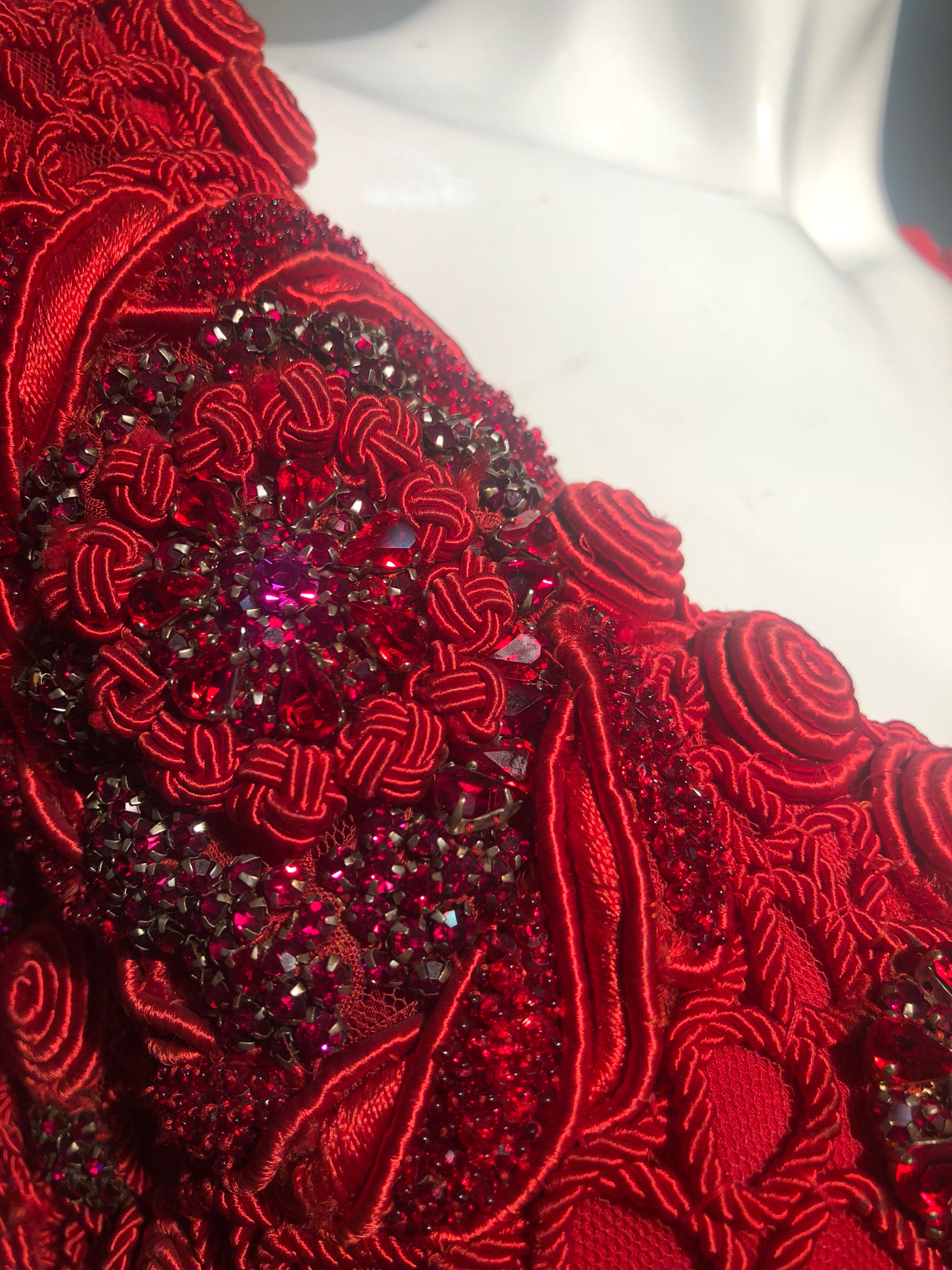 1991 Atelier Versace Ruby Red Crystal & Embroidery Embellished Cropped Jacket In Excellent Condition In Gresham, OR