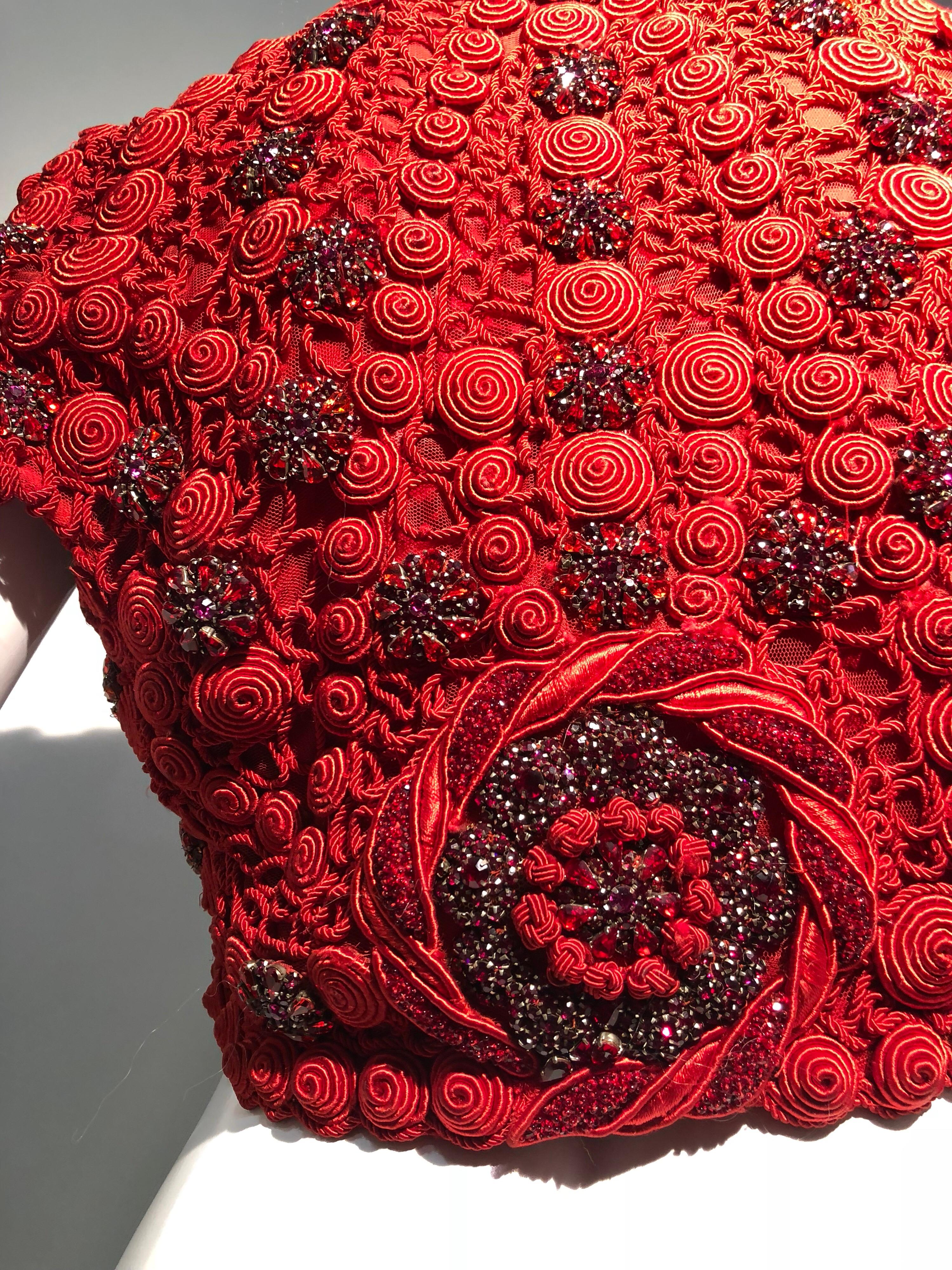 1991 Atelier Versace Ruby Red Crystal & Embroidery Embellished Cropped Jacket 3