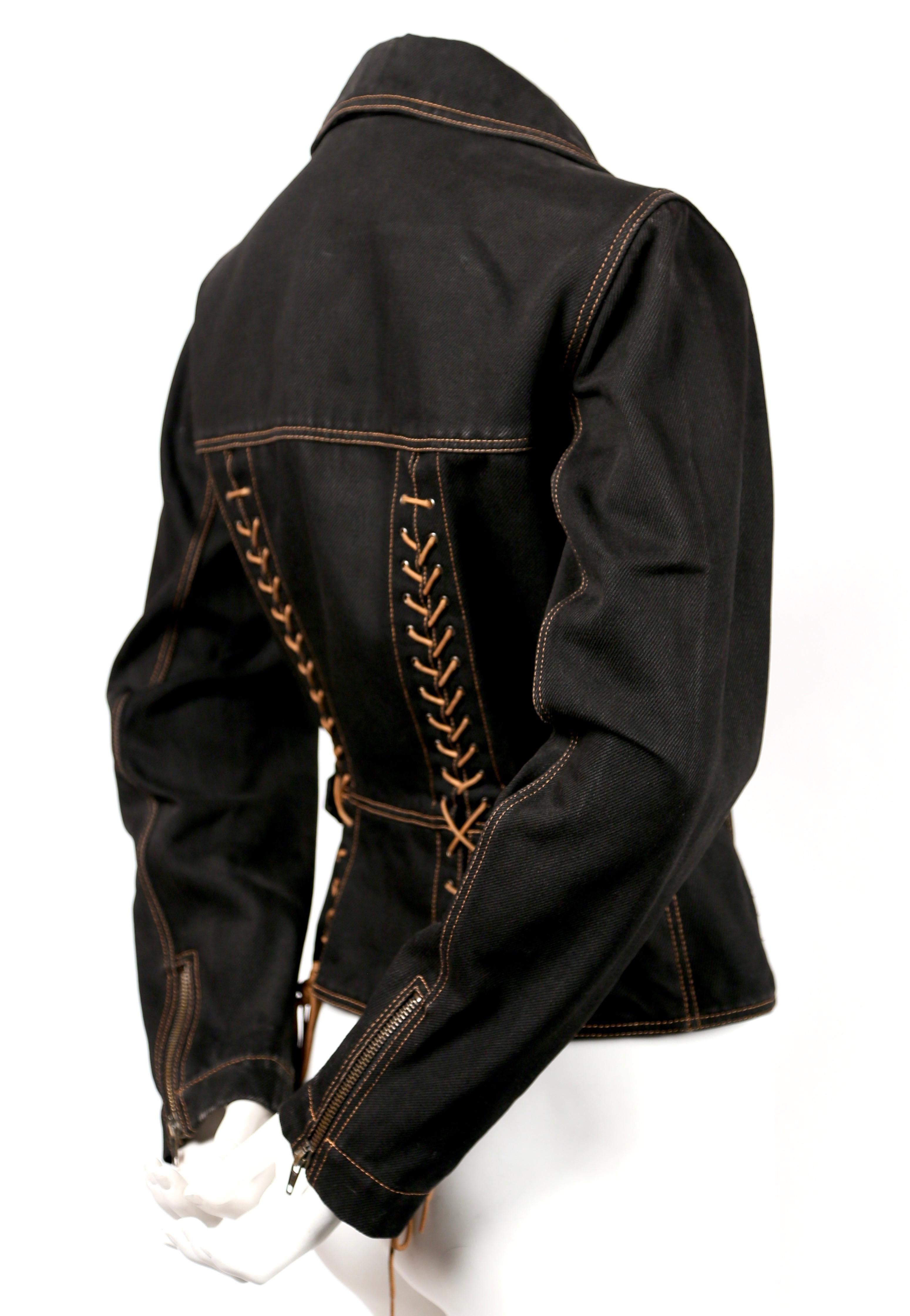 Black 1991 AZZEDINE ALAIA black denim motorcycle jacket with corset laced back