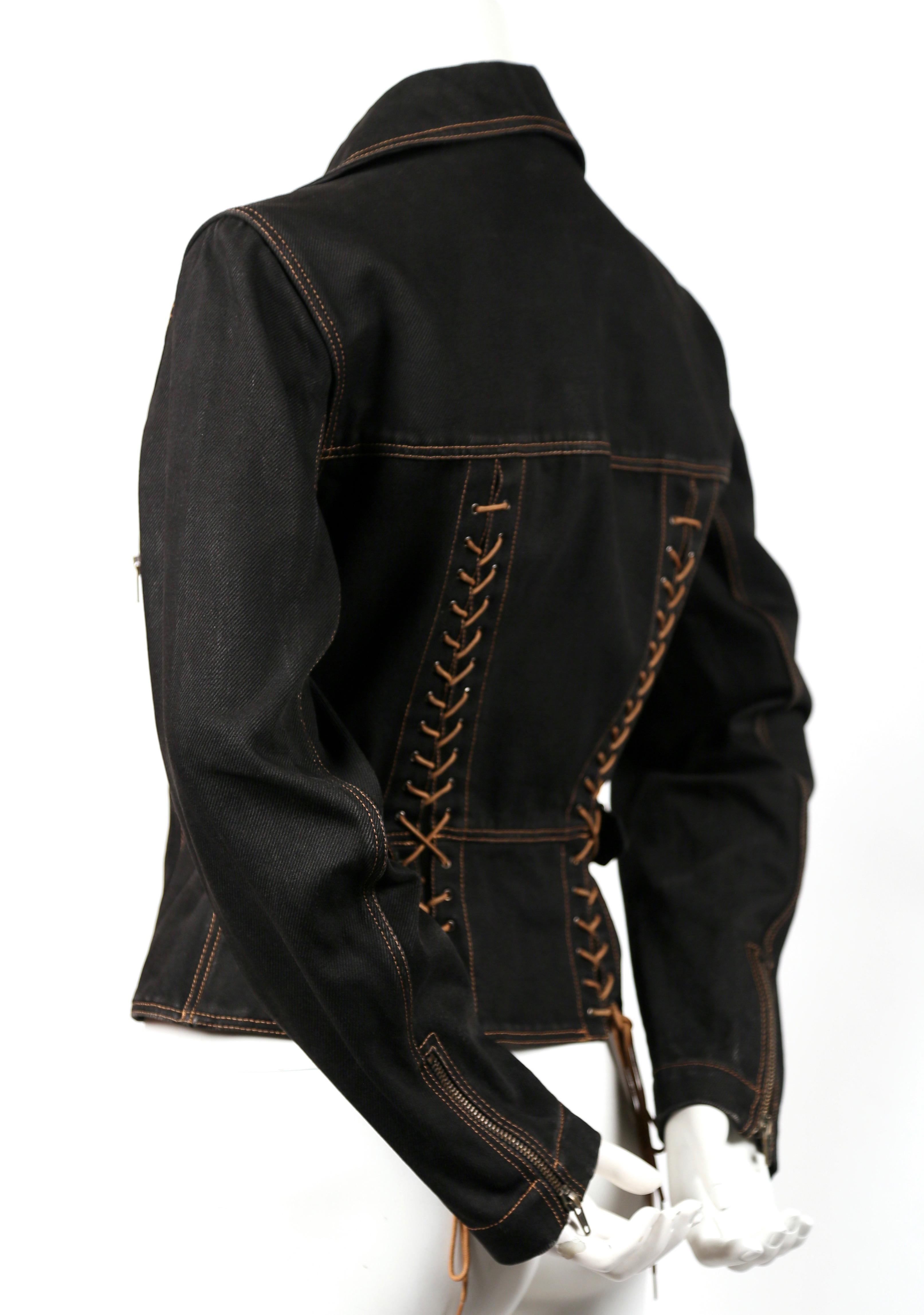 Women's or Men's 1991 AZZEDINE ALAIA black denim motorcycle jacket with corset laced back