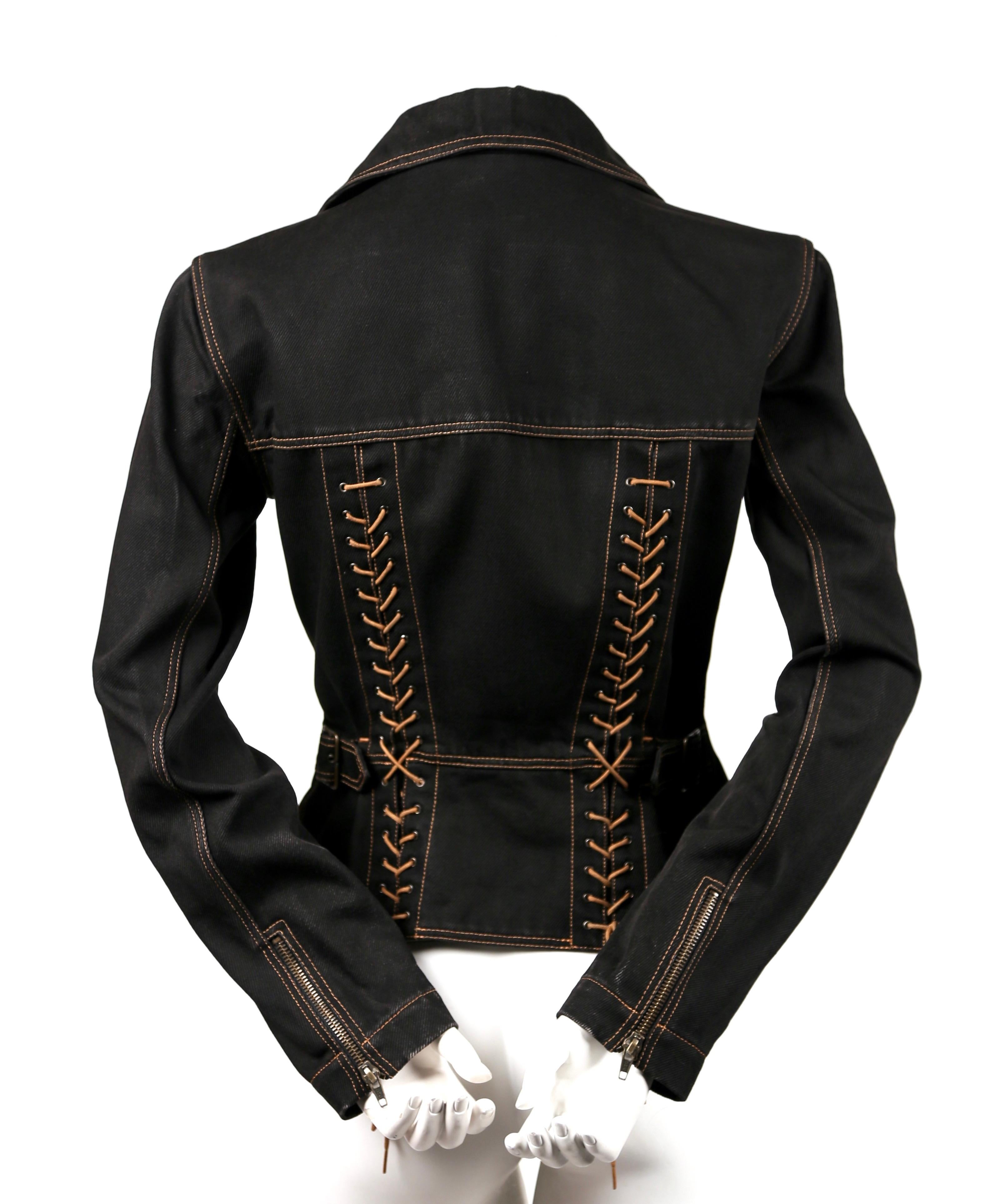 1991 AZZEDINE ALAIA black denim motorcycle jacket with corset laced back 1