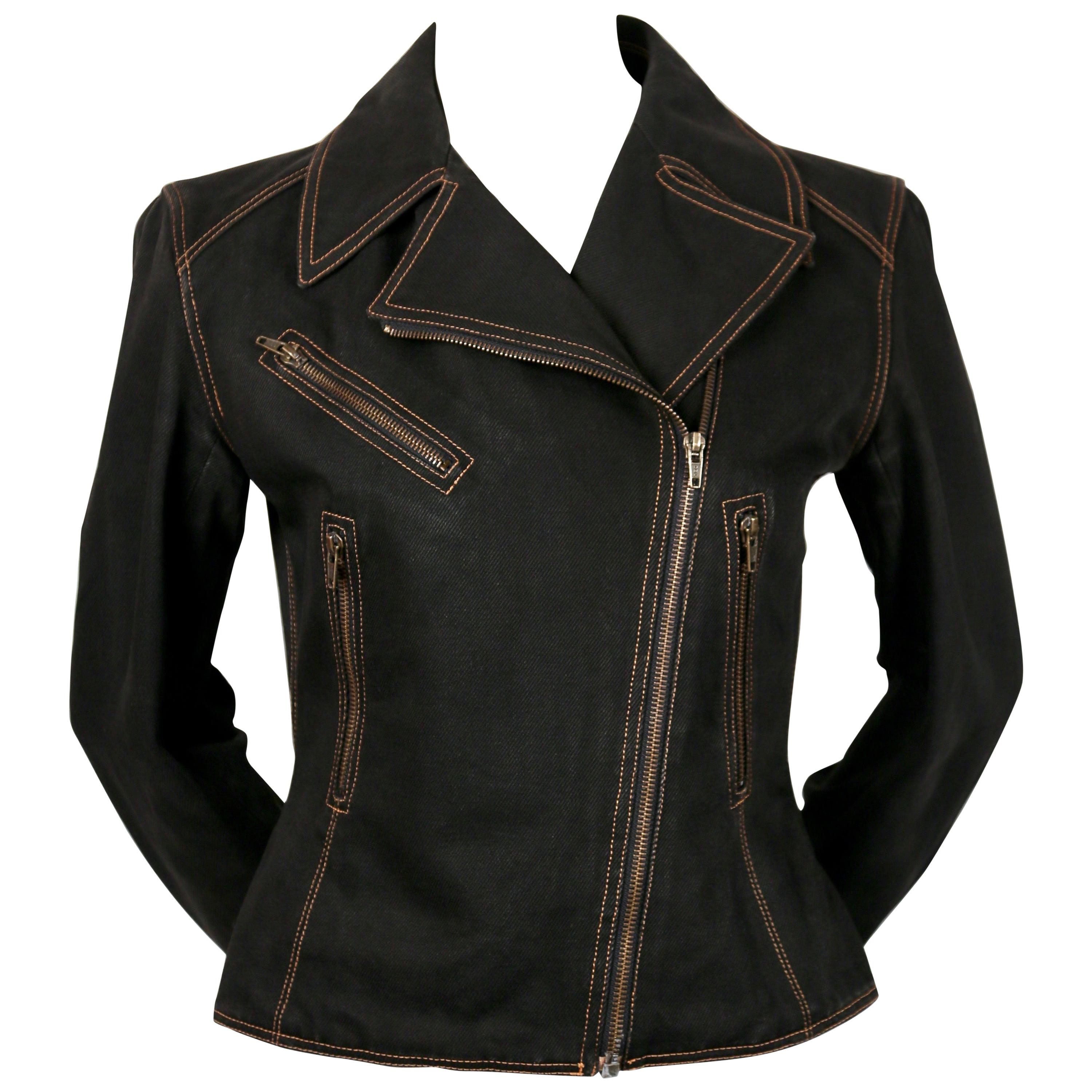 1991 AZZEDINE ALAIA black denim motorcycle jacket with corset laced back