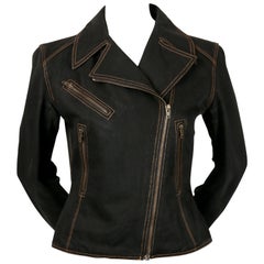 Vintage 1991 AZZEDINE ALAIA black denim motorcycle jacket with corset laced back