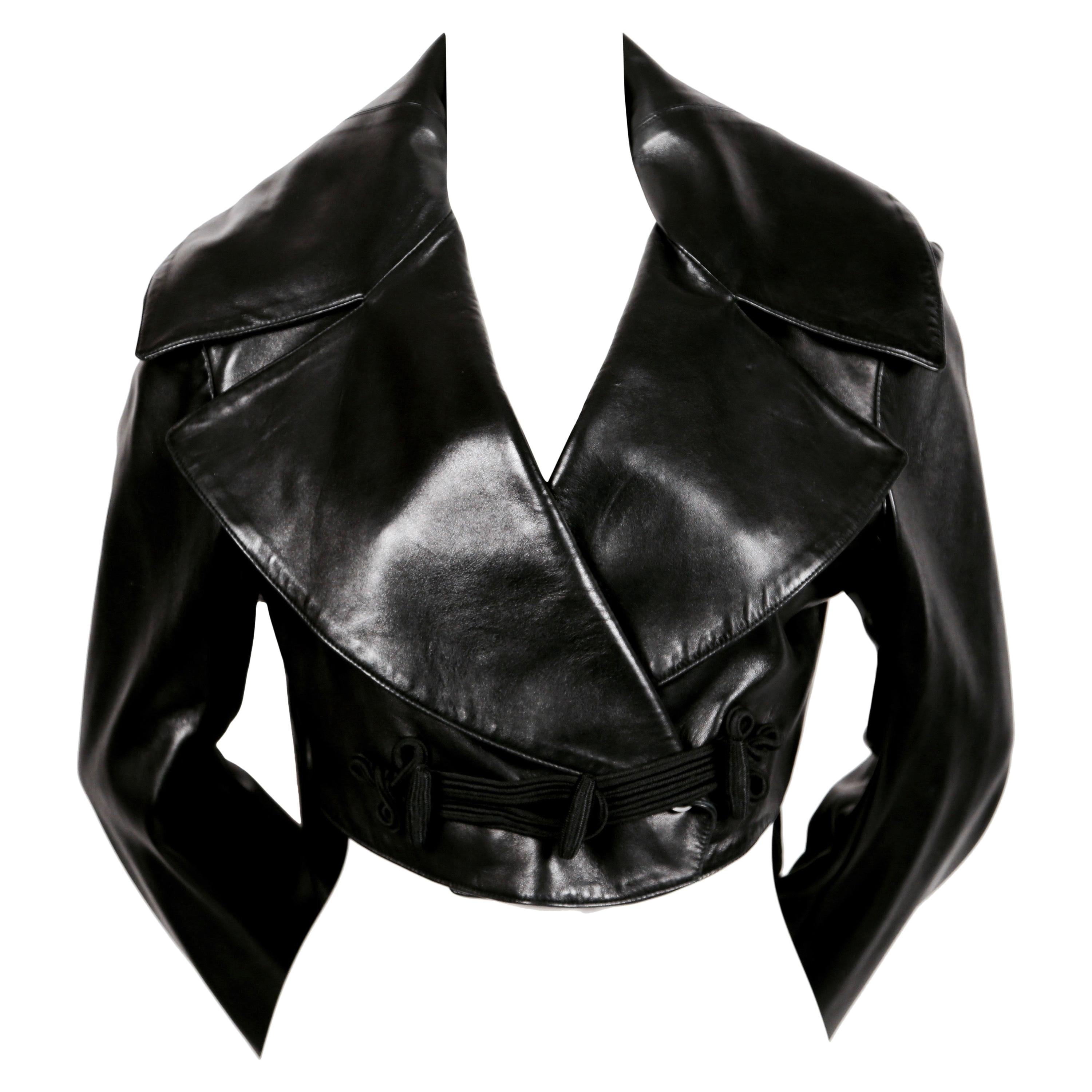 AZZEDINE ALAIA black leather jacket with shawl collar and frog closure ...