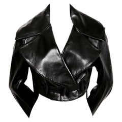 Vintage 1991 AZZEDINE ALAIA black leather jacket with shawl collar & frog closure