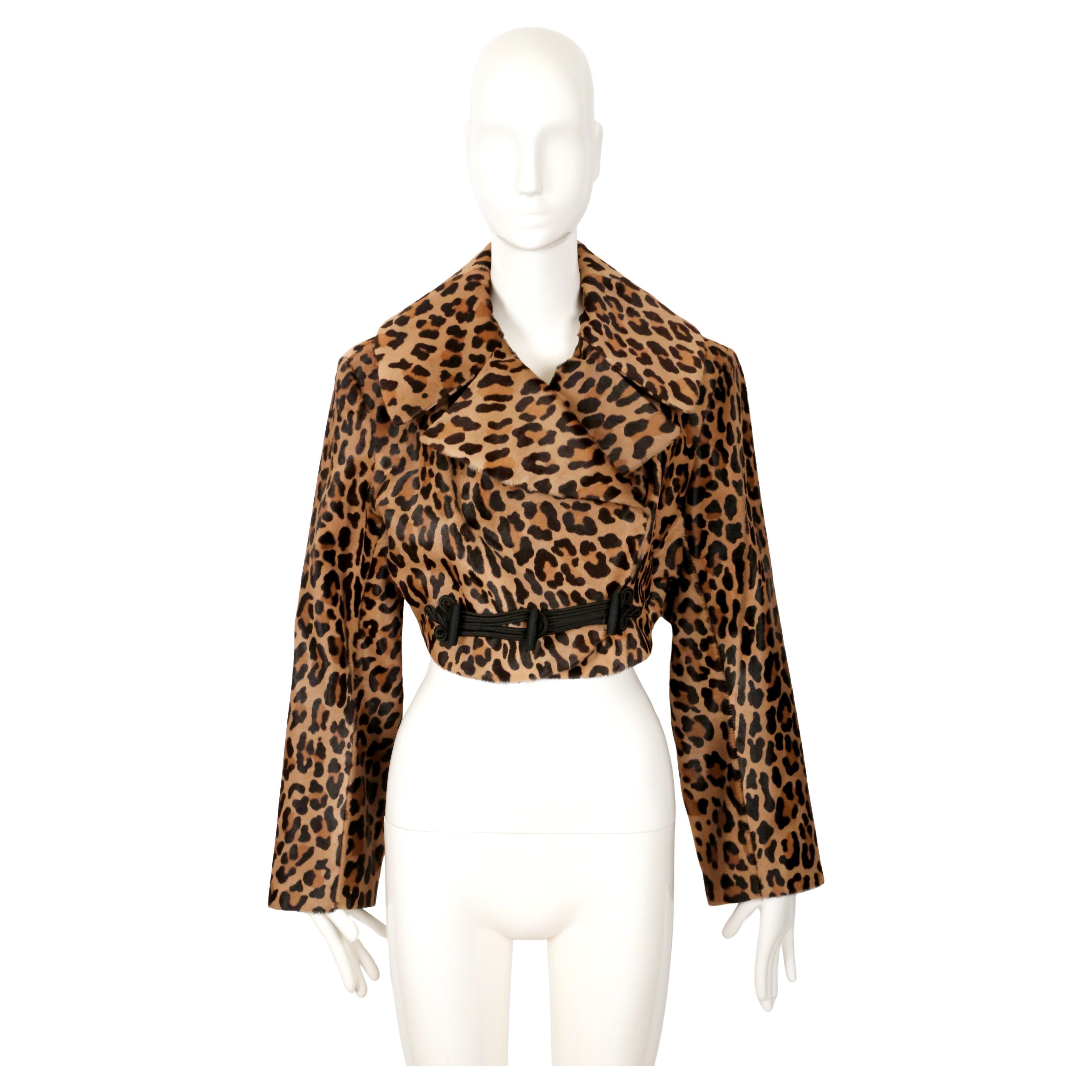 Extremely rare, printed calf fur jacket with decorative black frog closure designed by Azzedine Alaia dating to fall of 1991 exactly as seen on the runway. Labeled a French size 40 although there is some flexibility due to the cut. Approximate