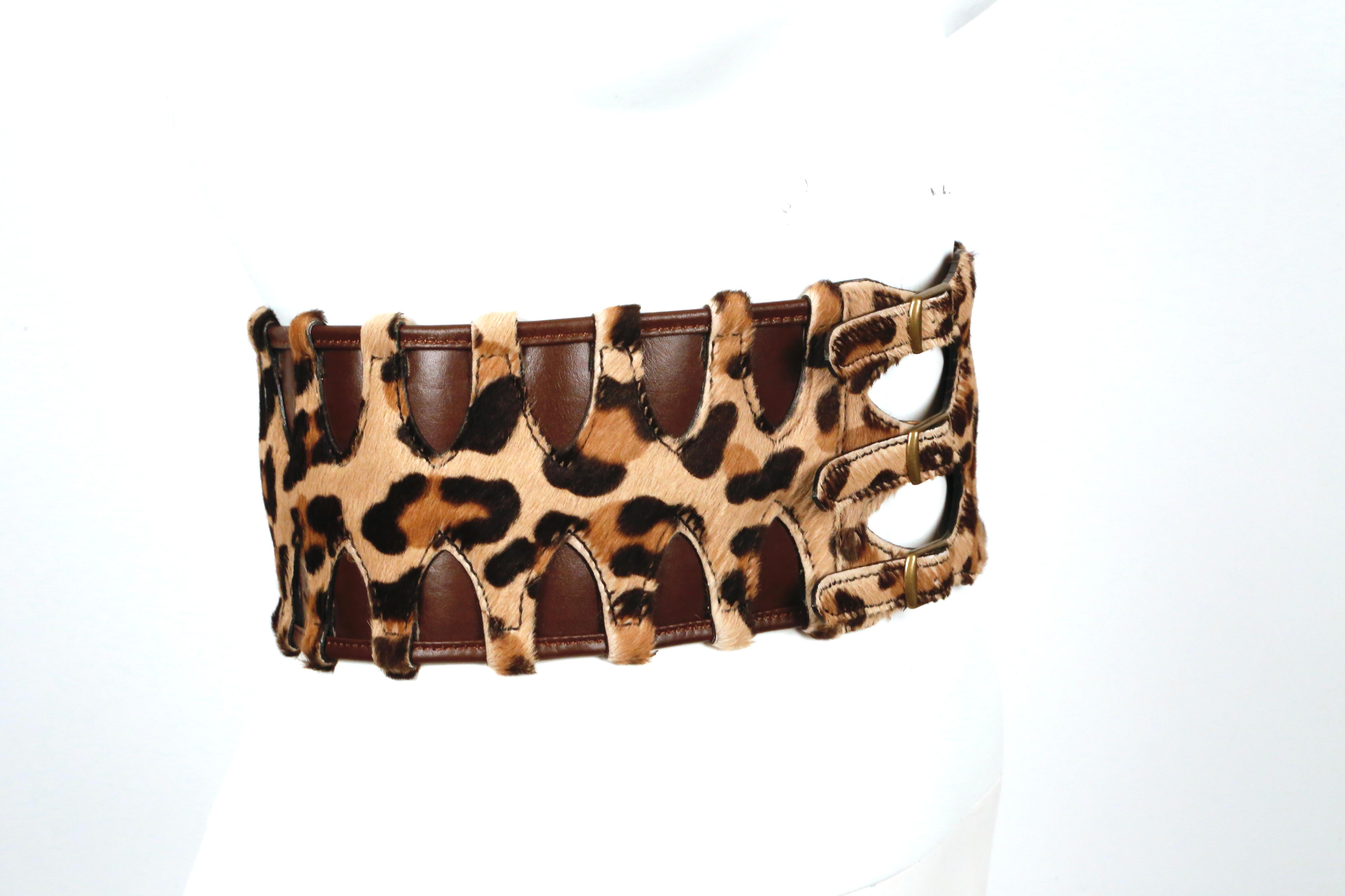 Brown 1991 AZZEDINE ALAIA leopard pony fur and leather corset  belt