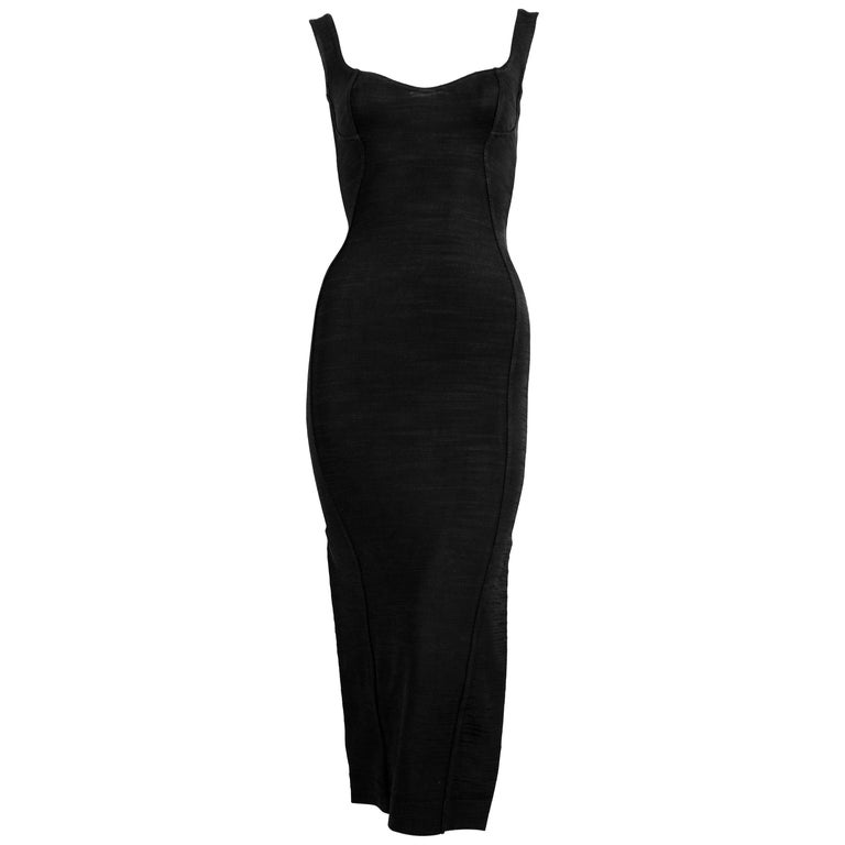1991 AZZEDINE ALAIA long black runway dress with bustier seams For Sale