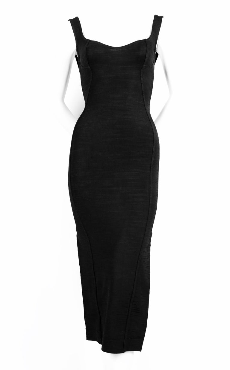 1991 AZZEDINE ALAIA long black runway dress with bustier seams at 1stDibs