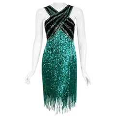 1991 Bob Mackie Couture Documented Teal Black Beaded Flapper Fringe Mini Dress