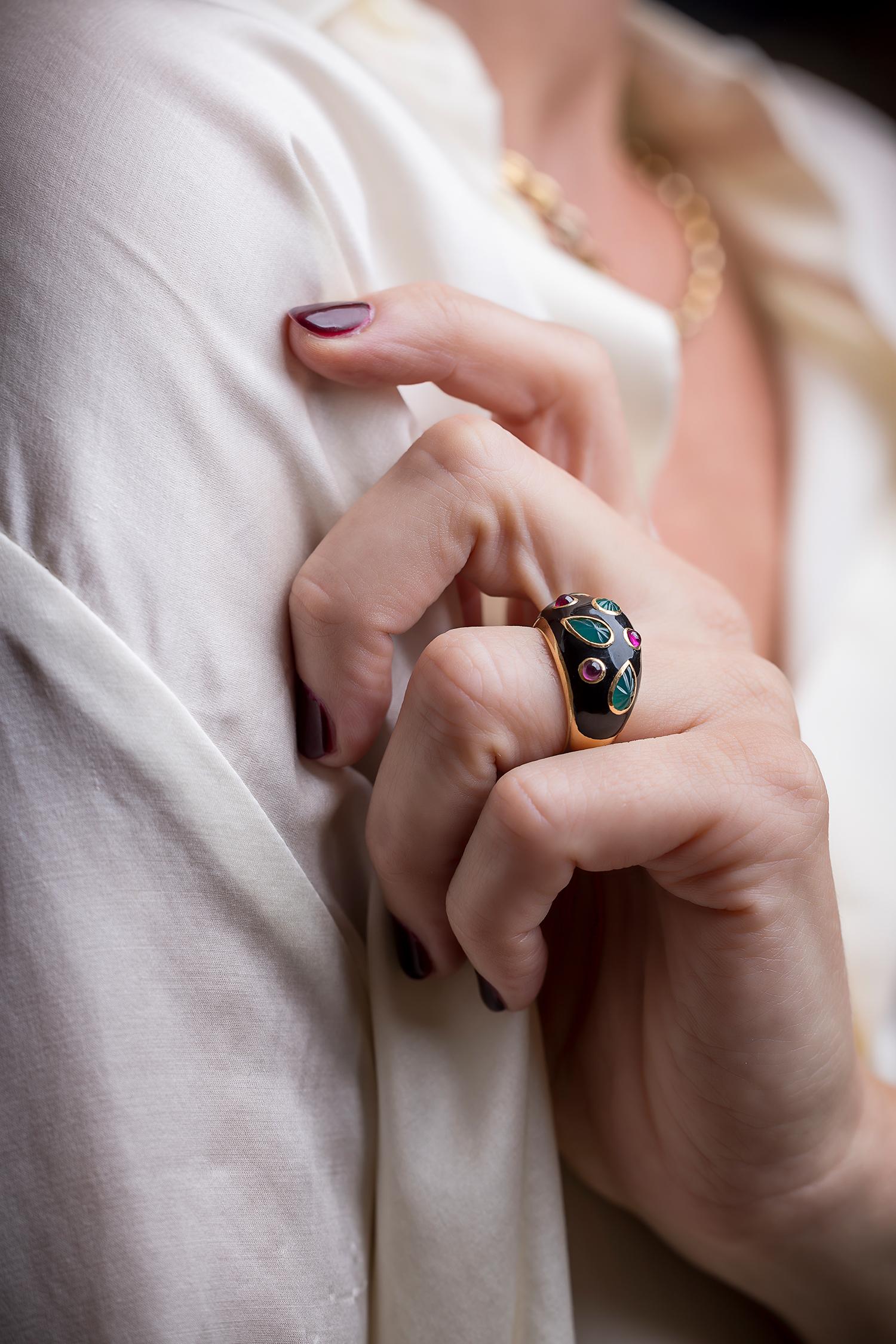 Cabochon Vintage Cartier ruby chrysoprase enamel and gold dome ring