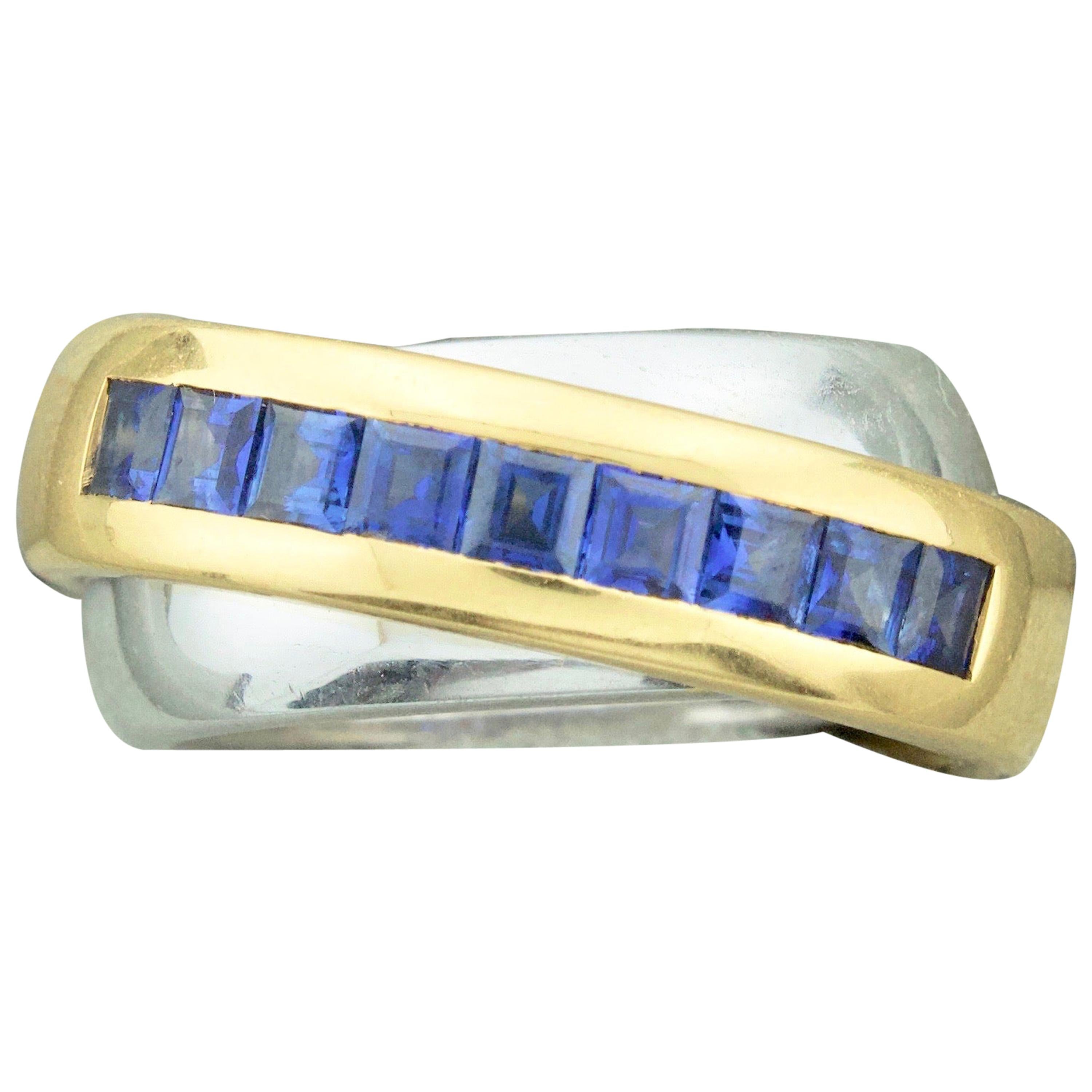 1991 Cartier Sapphire Band Ring in 18 Karat Yellow and White Gold For Sale