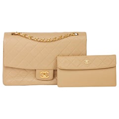 1991 Chanel Beige Quilted Lambskin Vintage Classic Single Flap Bag with Wallet