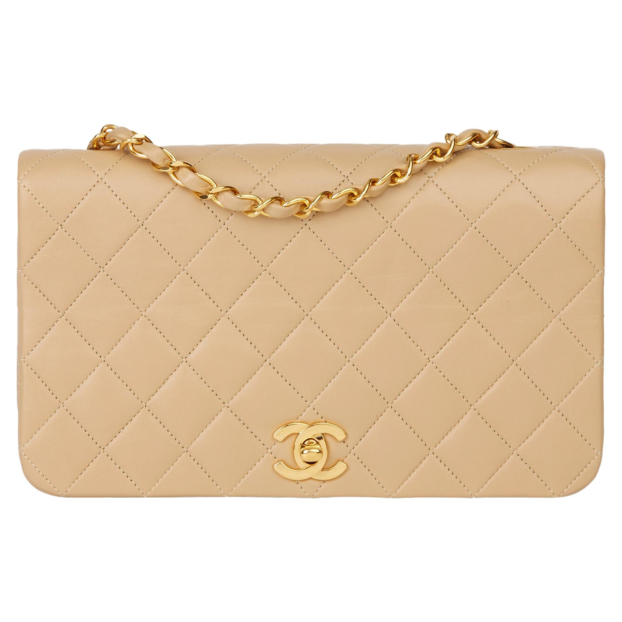 1991 Chanel Beige Quilted Lambskin Vintage Small Classic Single Full Flap Bag