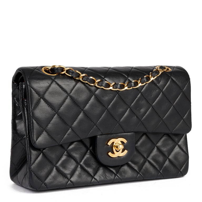 1991 Chanel Black Quilted Lambskin Leather Vintage Small Classic Double ...