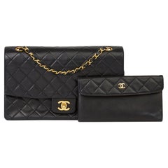 1991 Chanel Black Quilted Lambskin Vintage Classic Single Flap Bag with Wallet