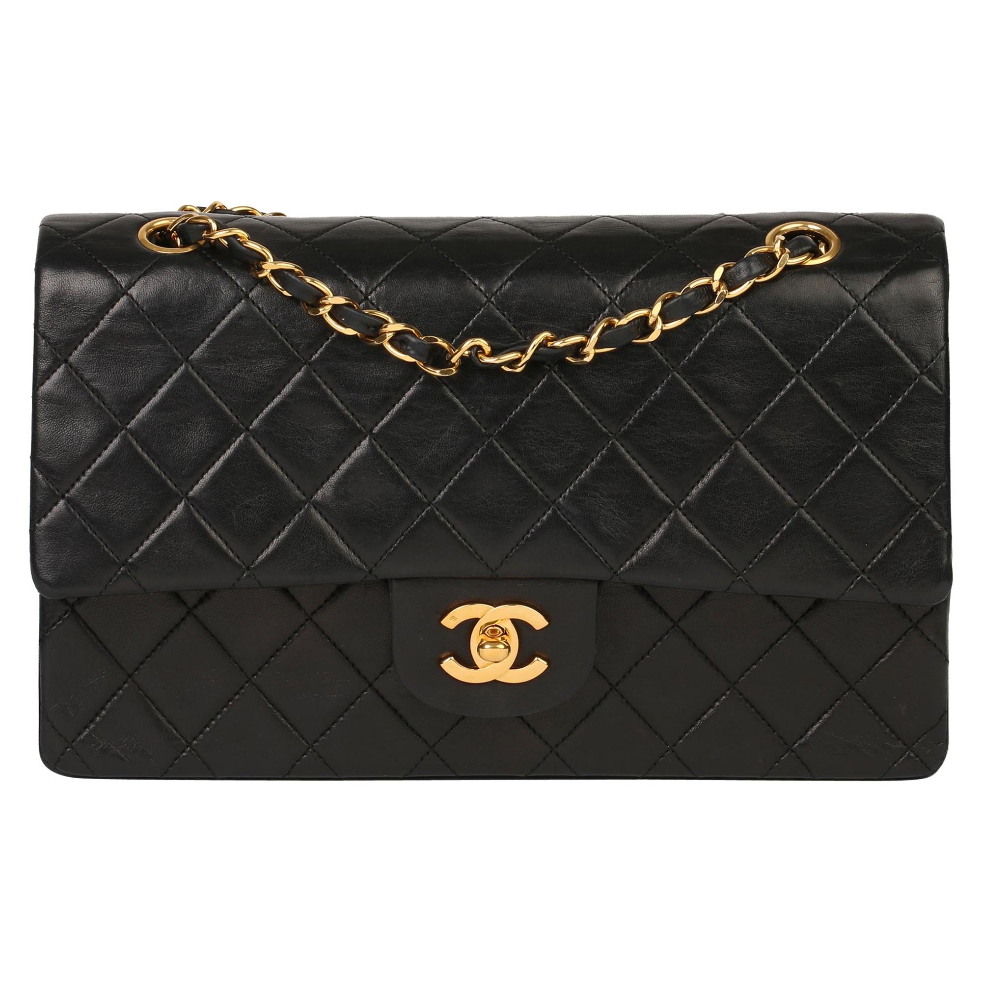1991 Chanel Black Quilted Lambskin Vintage Medium Classic Double Flap Bag 