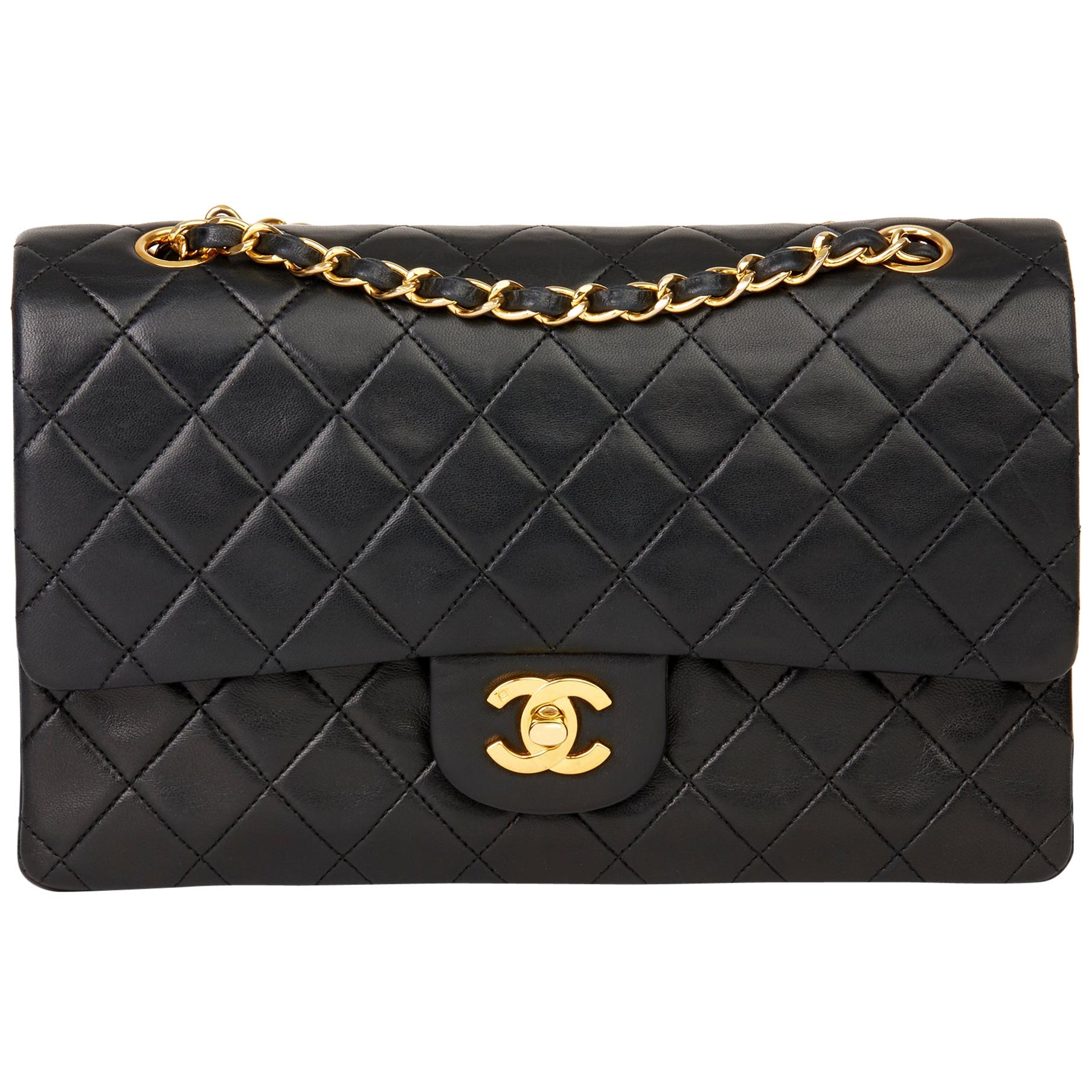 1991 Chanel Black Quilted Lambskin Vintage Medium Classic Double Flap Bag