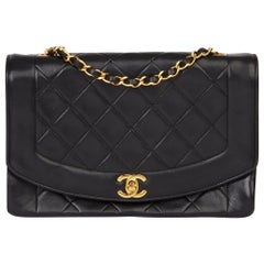 1991 Chanel Black Quilted Lambskin Vintage Medium Diana Classic Single Flap Bag