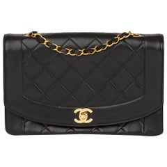 1991 Chanel Black Quilted Lambskin Vintage Medium Diana Classic Single Flap Bag