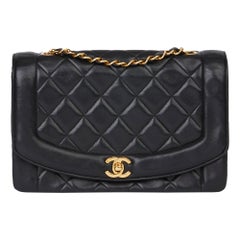 1991 Chanel Black Quilted Lambskin Vintage Medium Diana Classic Single Flap Bag