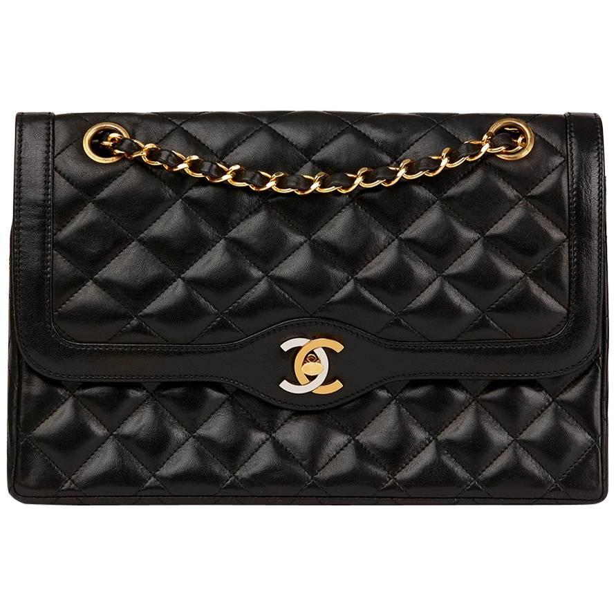 1991 Chanel Black Quilted Lambskin Vintage Medium Paris Limited Double Flap Bag