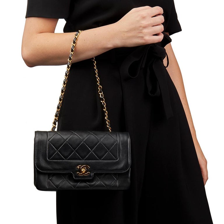 1991 Chanel Black Quilted Lambskin Vintage Small Diana Classic Single Flap  Bag at 1stDibs
