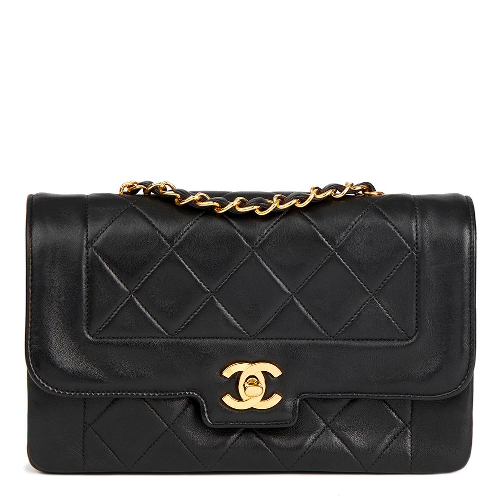 1991 Chanel Black Quilted Lambskin Vintage Small Diana Classic Single Flap Bag