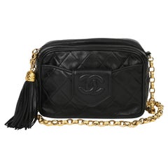 1991 Chanel Black Quilted Lambskin Vintage Timeless Fringe Camera Bag