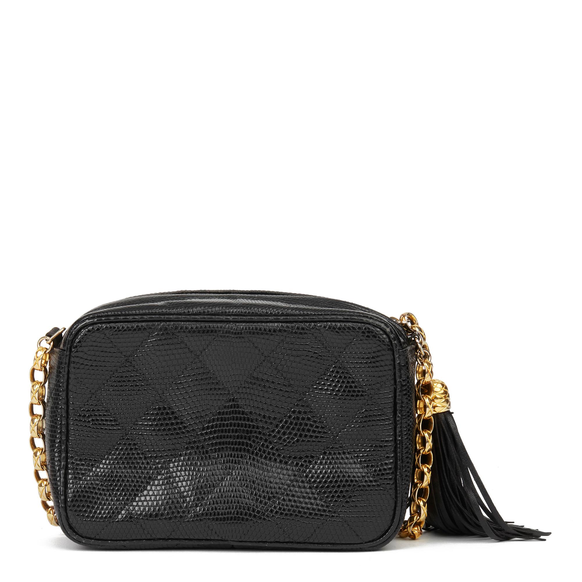 1991 Chanel Black Quilted Lizard Leather Vintage Camera Bag 1