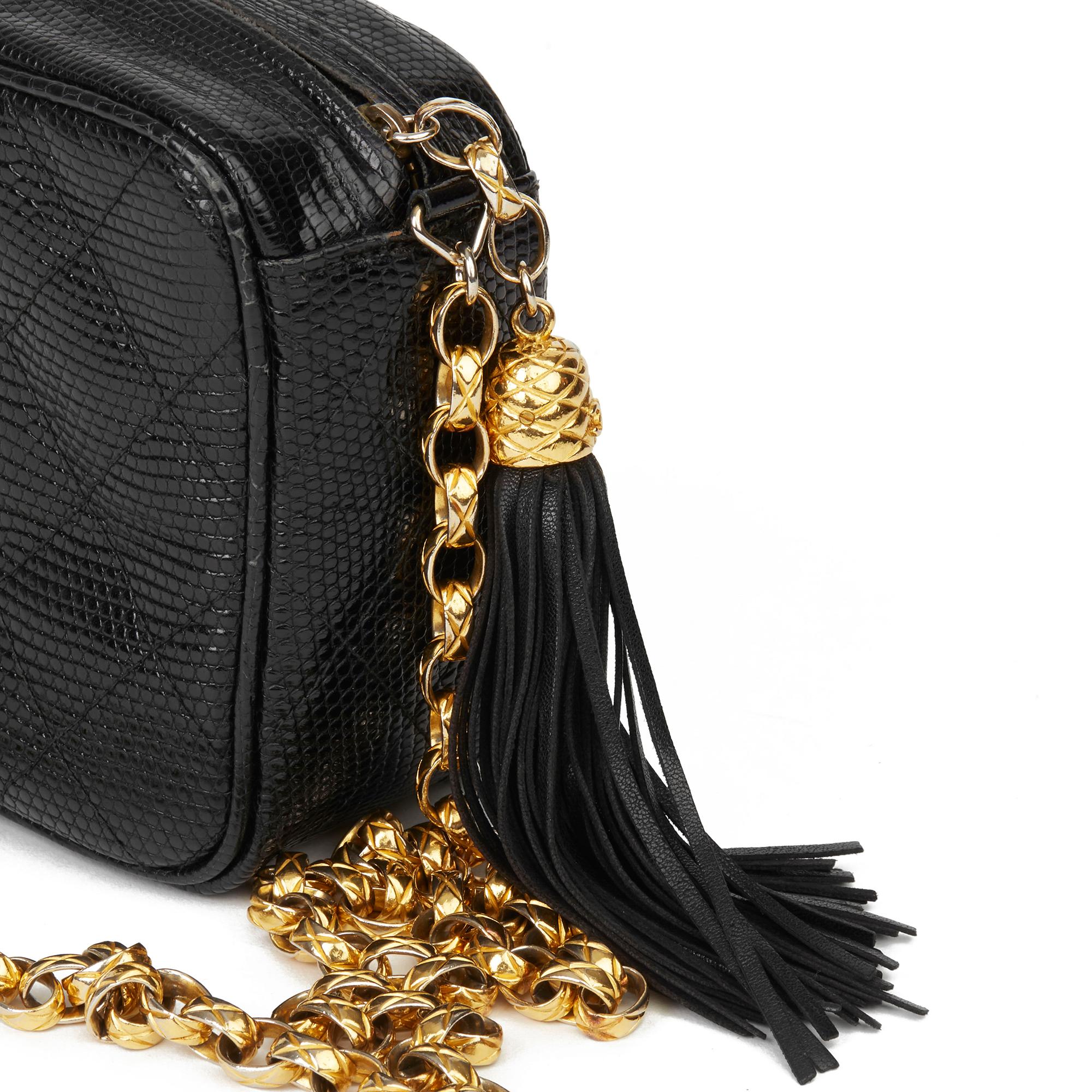1991 Chanel Black Quilted Lizard Leather Vintage Camera Bag 4
