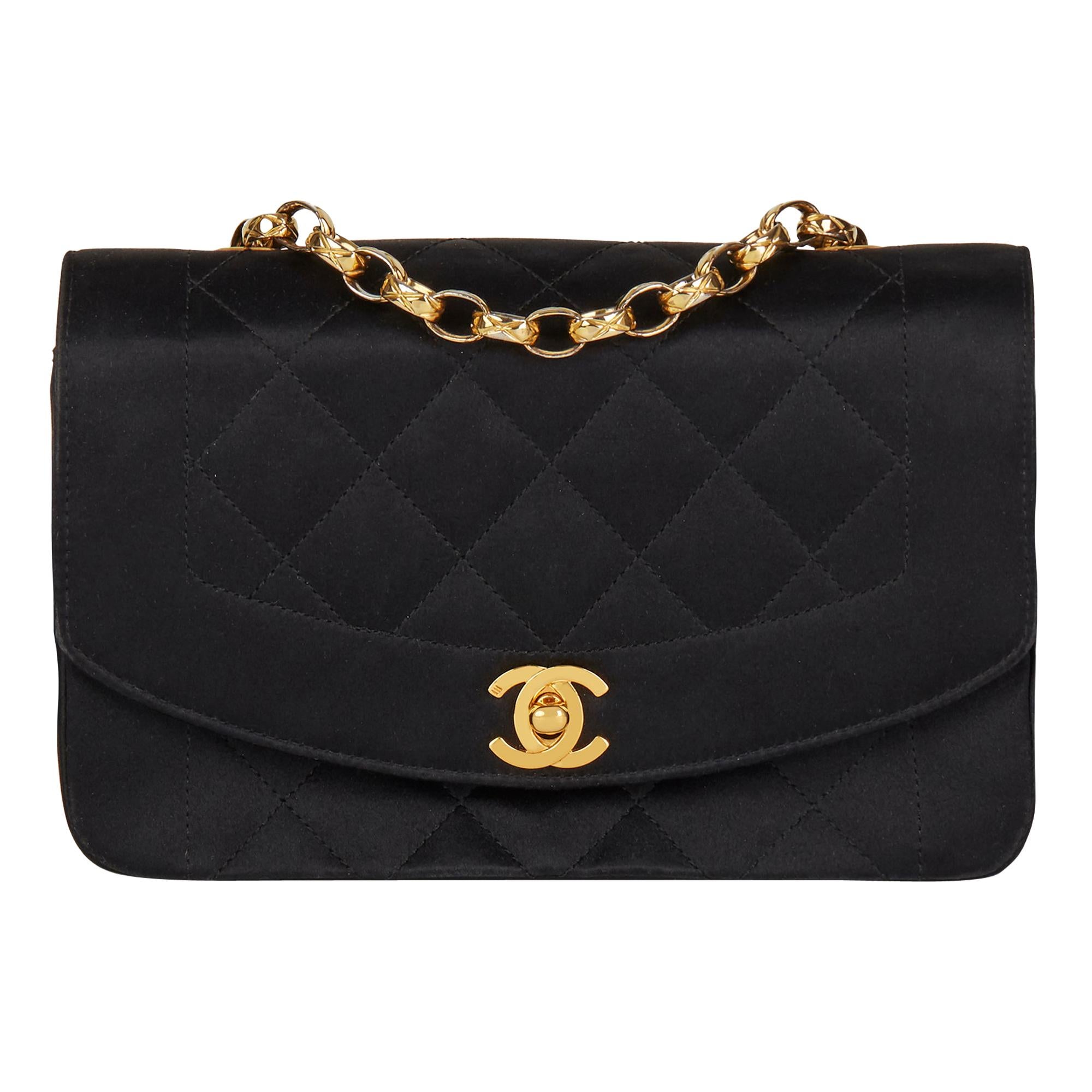 1991 Chanel Black Quilted Satin Vintage Mini Diana Classic Single Flap Bag 