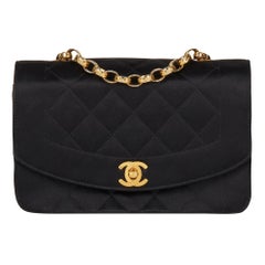 1991 Chanel Black Quilted Satin Retro Mini Diana Classic Single Flap Bag 